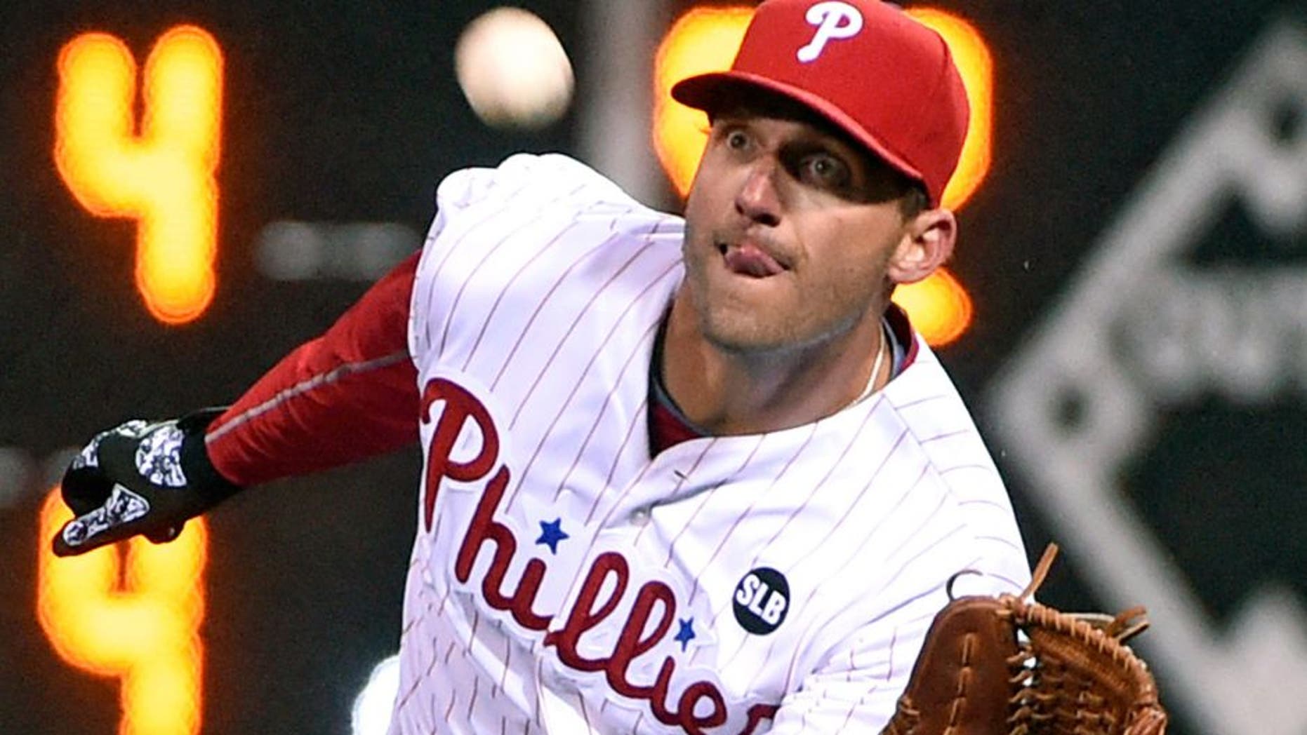 Apr 8, 2015; Philadelphia, PA, USA; Philadelphia Phillies right fielder Jeff Francoeur (3) makes a catch in the eighth inning against the Boston Red Sox at Citizens Bank Park. The Phillies defeated the Red Sox, 4-2. Mandatory Credit: Eric Hartline-USA TODAY Sports