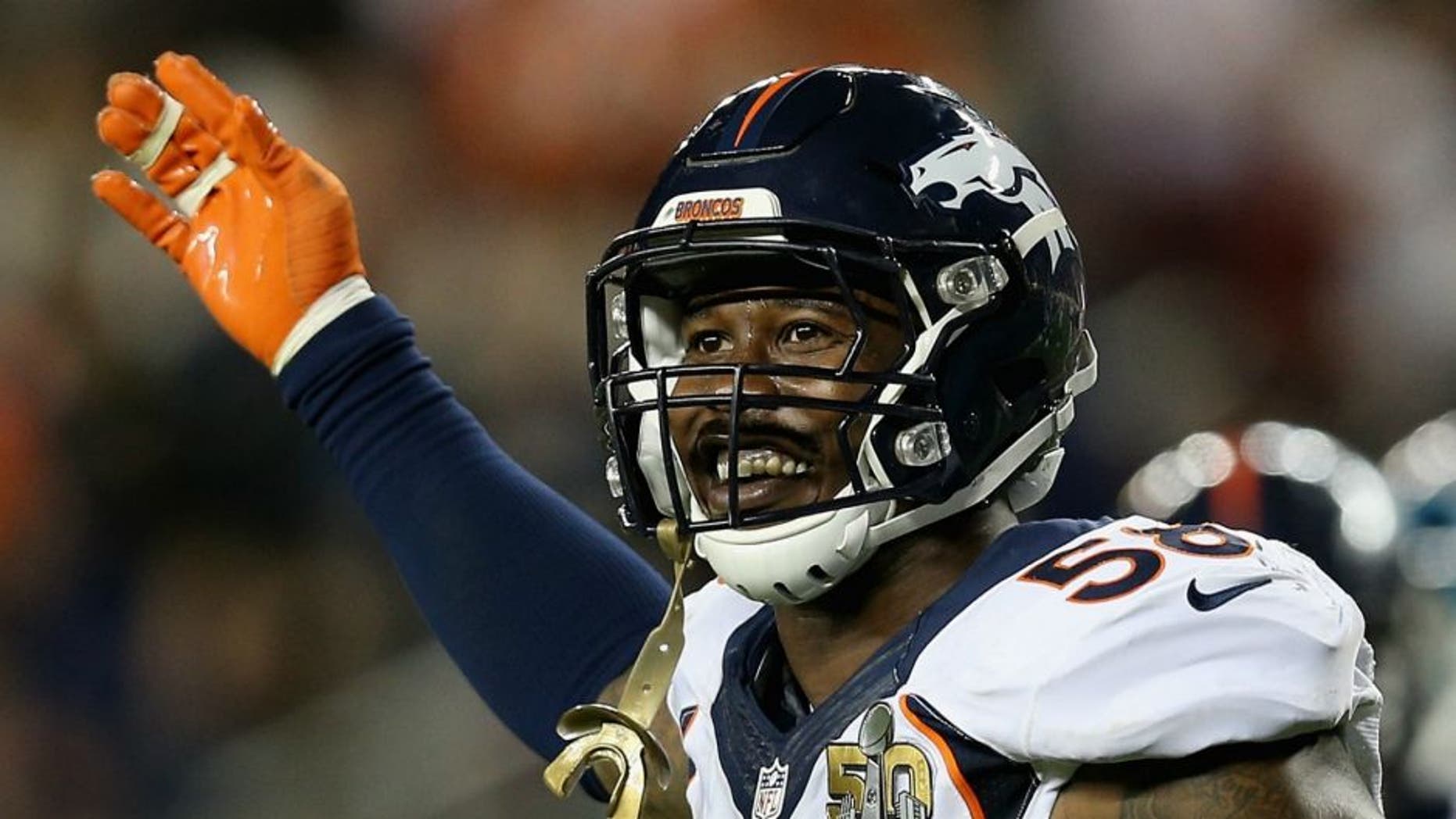 Von Miller #58 of the Denver Broncos reacts while playing against the Carolina Panthers during Super Bowl 50 at Levi's Stadium on February 7, 2016 in Santa Clara, California. (Photo by Patrick Smith/Getty Images)