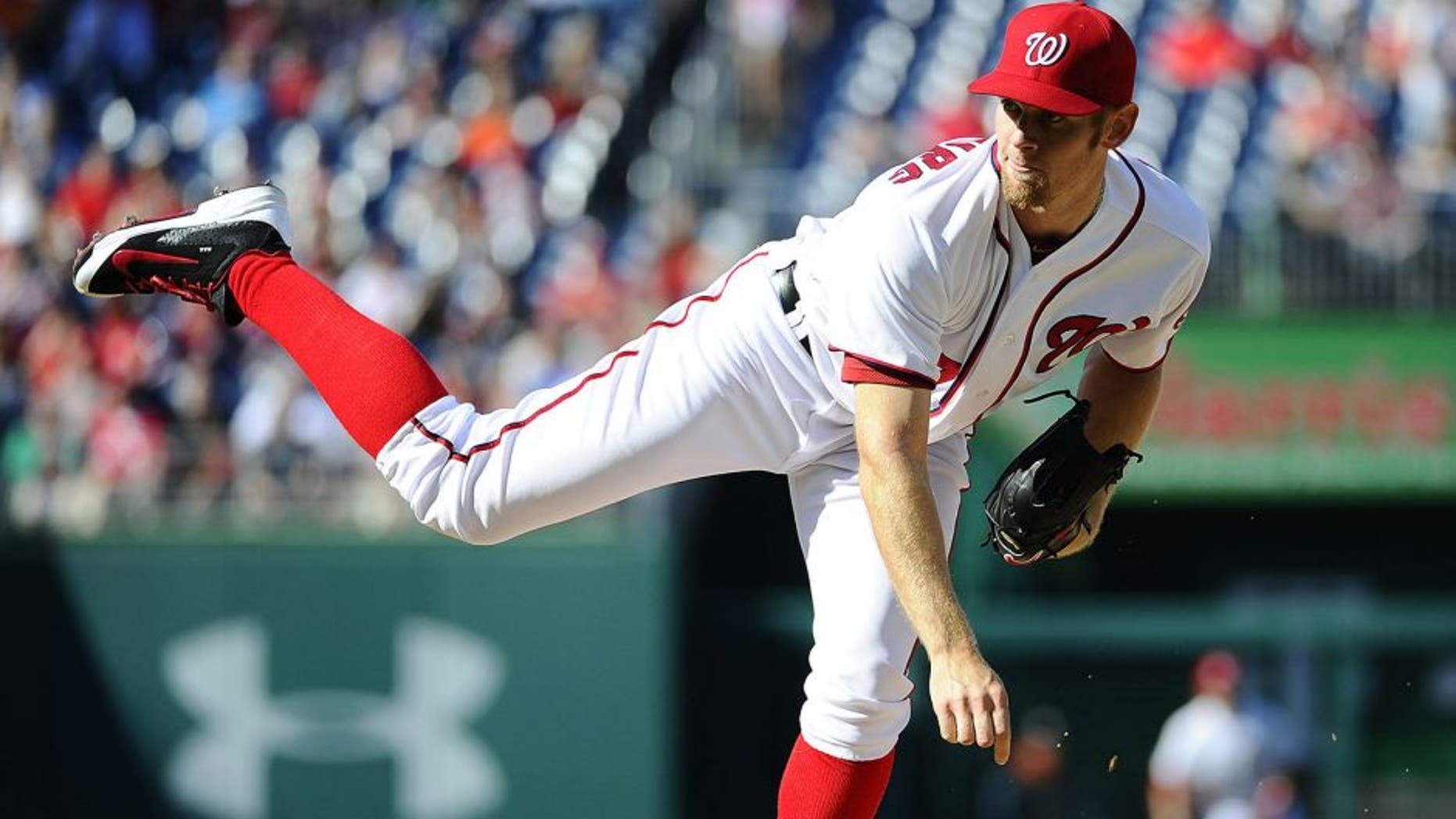 Apr 10, 2014; Washington, DC, USA; Washington Nationals pitcher Stephen Strasburg (37) throws during the second inning against the Miami Marlins at Nationals Park. Mandatory Credit: Brad Mills-USA TODAY Sports