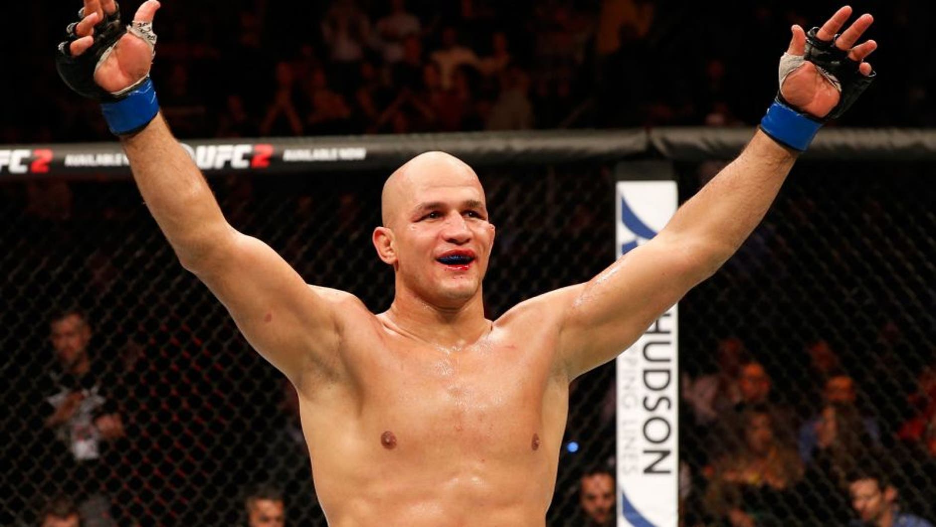 ZAGREB, CROATIA - APRIL 10: Junior Dos Santos celebrates his victory over Ben Rothwell in their heavyweight bout during the UFC Fight Night event at the Arena Zagreb on April 10, 2016 in Zagreb, Croatia. (Photo by Srdjan Stevanovic/Zuffa LLC/Zuffa LLC via Getty Images)
