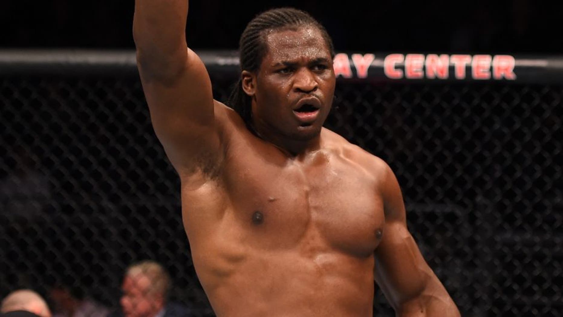 ORLANDO, FL - DECEMBER 19: Francis Ngannou celebrates his knockout victory over Luis Henrique in their heavyweight bout during the UFC Fight Night event at the Amway Center on December 19, 2015 in Orlando, Florida. (Photo by Josh Hedges/Zuffa LLC/Zuffa LLC via Getty Images)