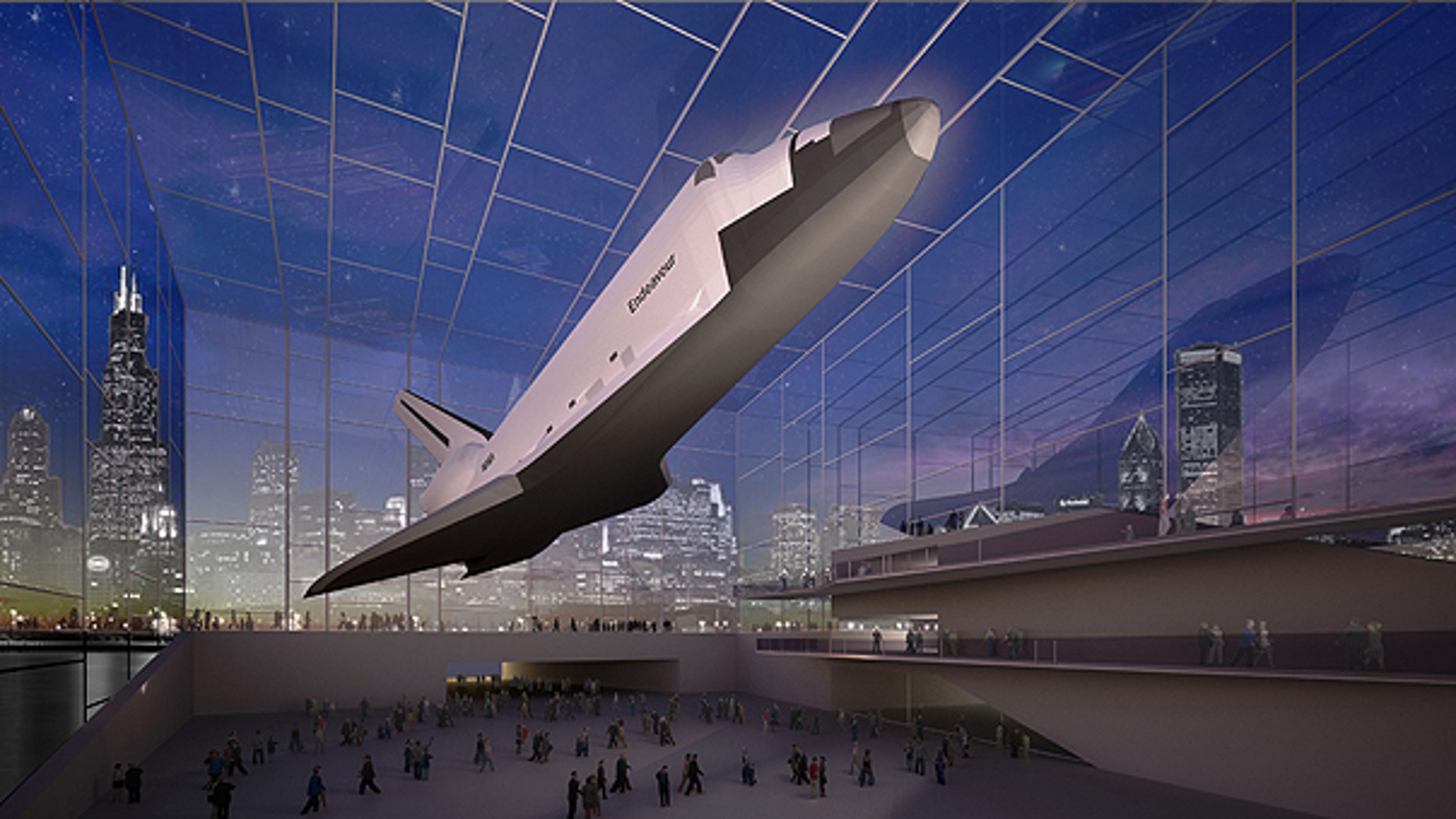 April 7: This image provided by the Adler Planetarium shows a proposal for a space shuttle exhibit in Chicago.