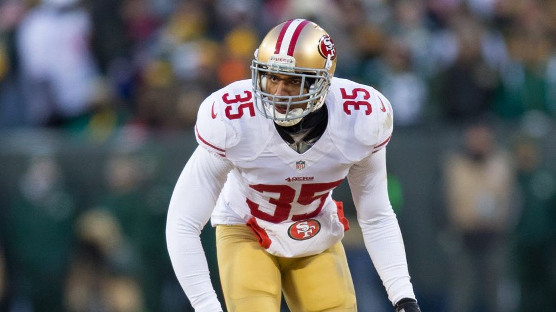 Jan 5, 2014; Green Bay, WI, USA; San Francisco 49ers safety Eric Reid (35) during the 2013 NFC wild card playoff football game against the Green Bay Packers at Lambeau Field. San Francisco won 23-20. Mandatory Credit: Jeff Hanisch-USA TODAY Sports