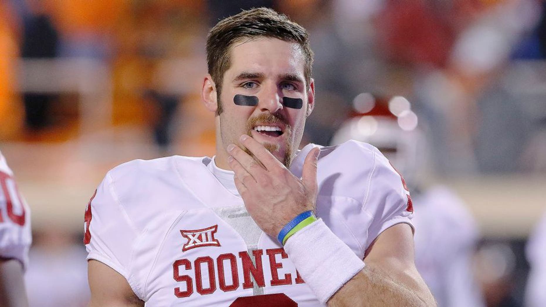 Nov 28, 2015; Stillwater, OK, USA; Oklahoma Sooners quarterback Trevor Knight (9) before the start of a college football game against the Oklahoma State Cowboys at Boone Pickens Stadium. Mandatory Credit: Alonzo Adams-USA TODAY Sports