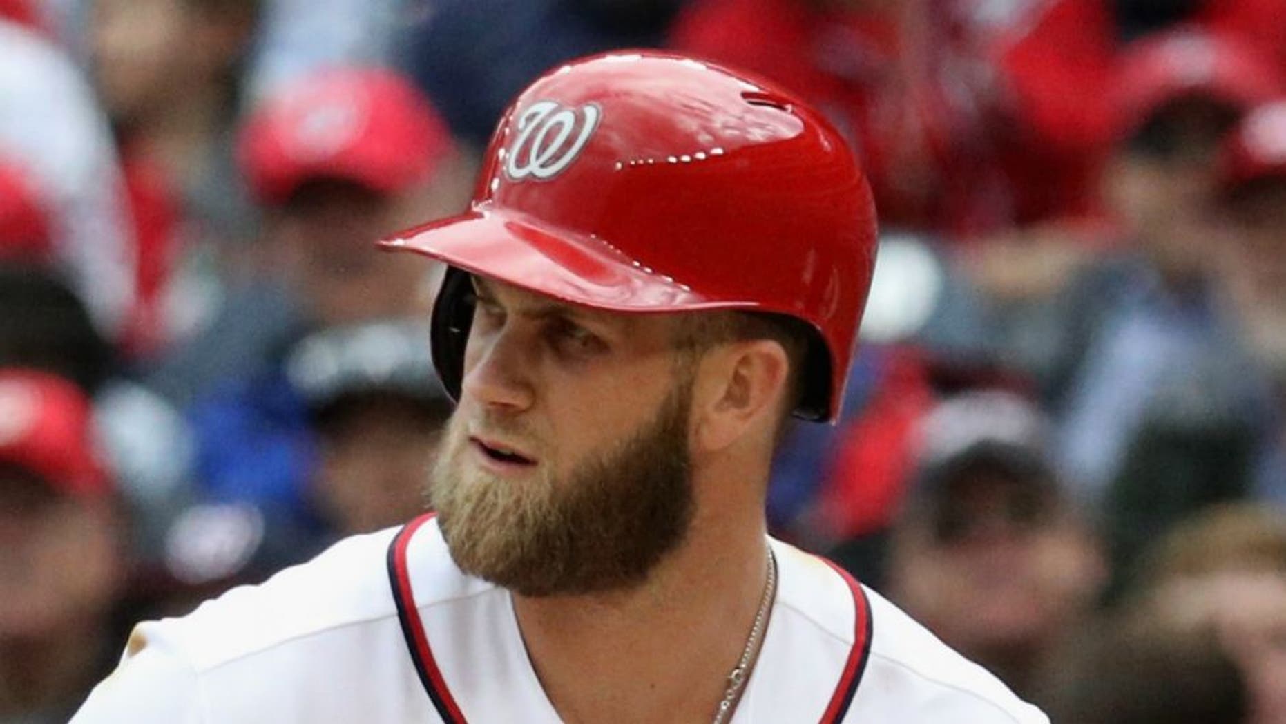 Bryce Harper #34 of the Washington Nationals bats against the Miami Marlins during the Nationals opening day game at Nationals Park on April 7, 2016 in Washington, DC. (Photo by Rob Carr/Getty Images)