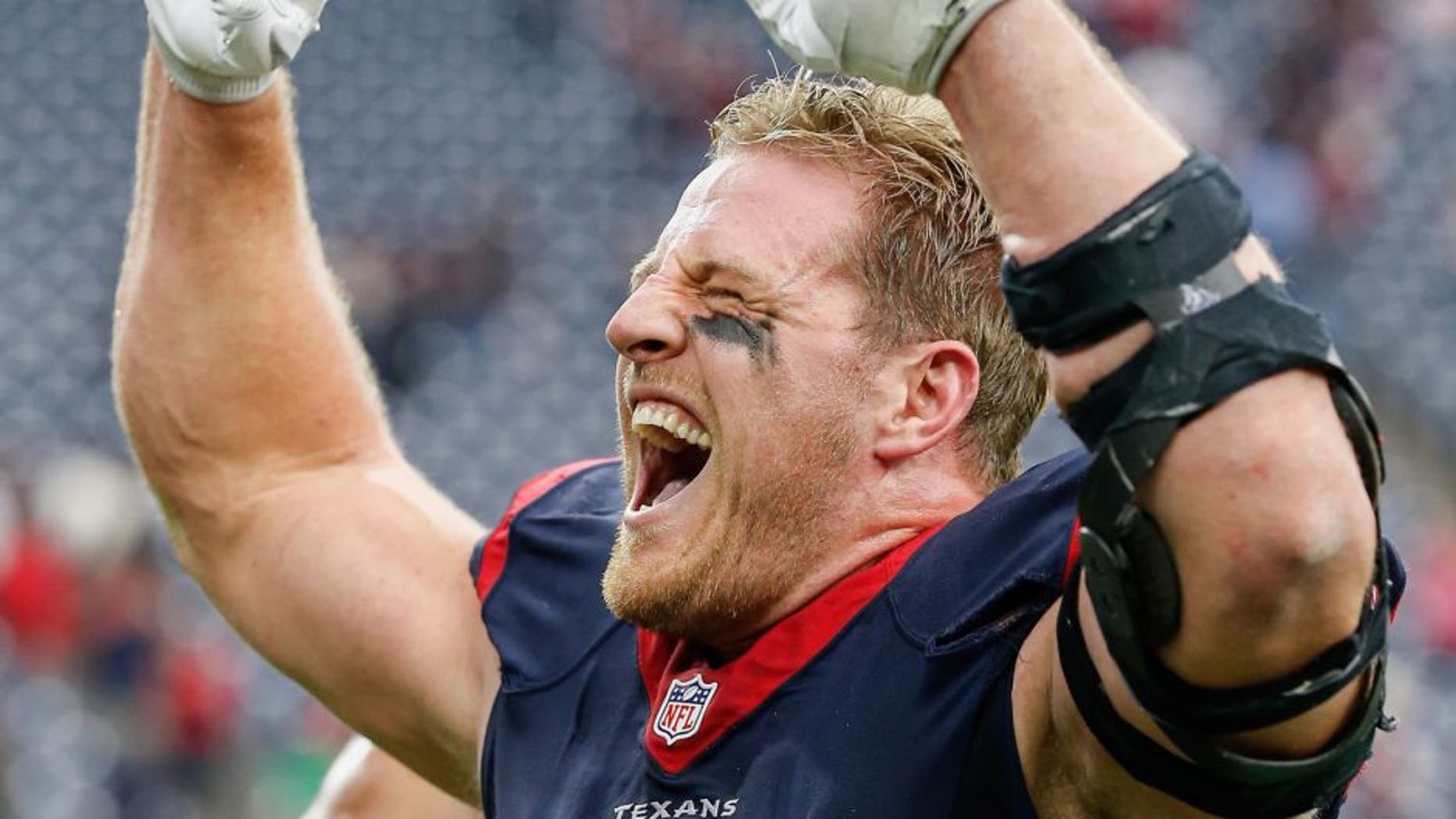 HOUSTON, TX - JANUARY 03: J.J. Watt #99 of the Houston Texans celebrates as he walks off the field after beating the Jacksonville Jaguars at NRG Stadium on January 3, 2016 in Houston, Texas. (Photo by Bob Levey/Getty Images)