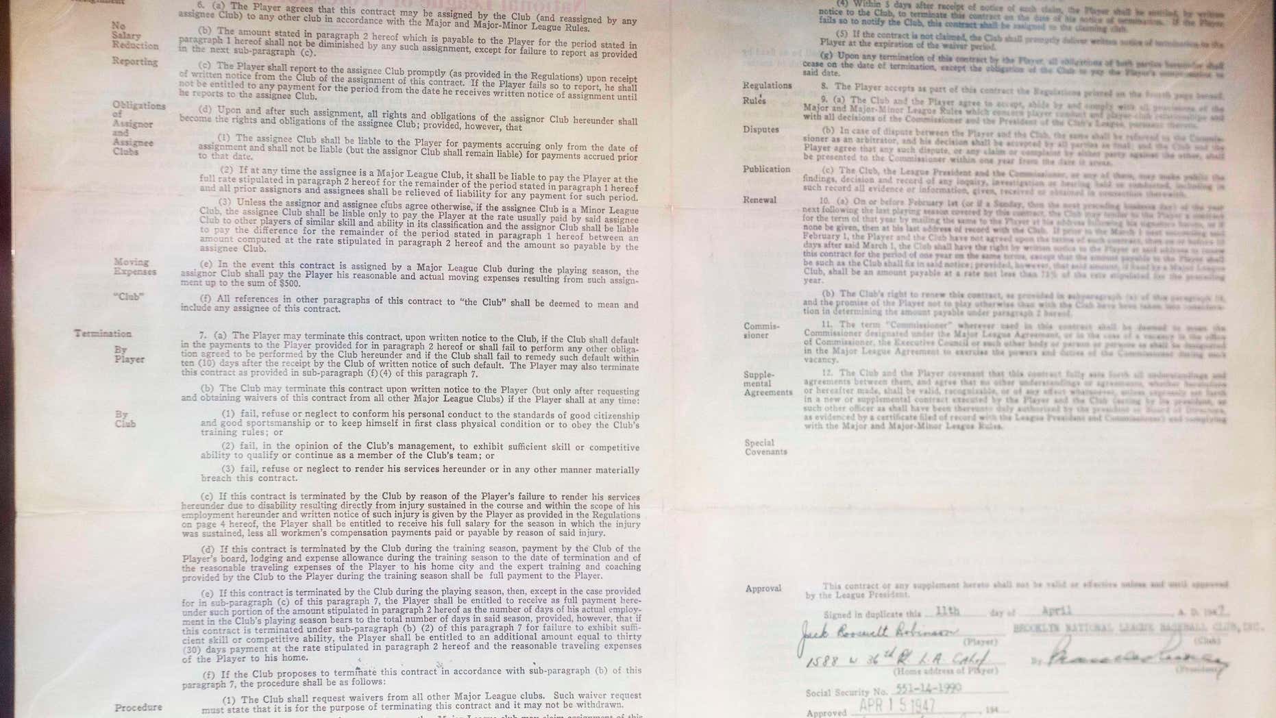 April 11, 2016: Jackie Robinson's signature is on the historic contract he signed with the Brooklyn Dodgers.