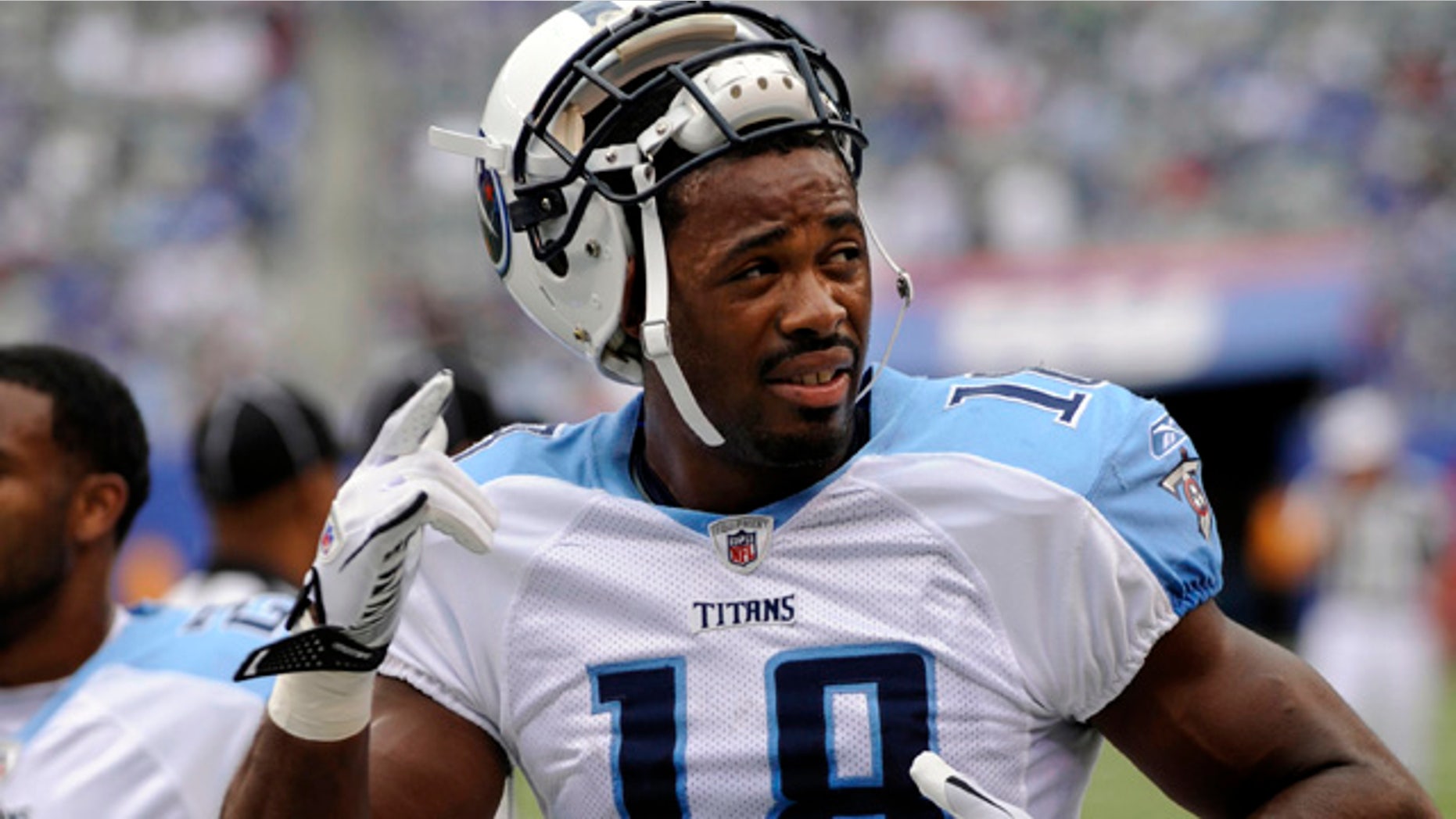 This Sept. 26, 2010, file photo shows Tennessee Titans' Kenny Britt before an NFL football game between the New York Giants and the Titans at New Meadowlands Stadium, in East Rutherford, N.J.