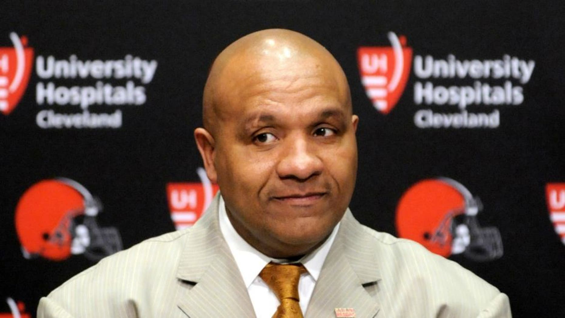 BEREA, OH - JANUARY 13, 2016: Head coach Hue Jackson of the Cleveland Browns listens to questions during an introductory press conference on January 13, 2016 at the Cleveland Browns training facility in Berea, Ohio. (Photo by Nick Cammett/Diamond Images/Getty Images) *** Local Caption *** Hue Jackson,BEREA, OH - JANUARY 13, 2016: Head coach Hue Jackson of the Cleveland Browns listens to questions during an introductory press conference on January 13, 2016 at the Cleveland Browns training facility in Berea, Ohio. (Photo by Nick Cammett/Diamond Images/Getty Images)