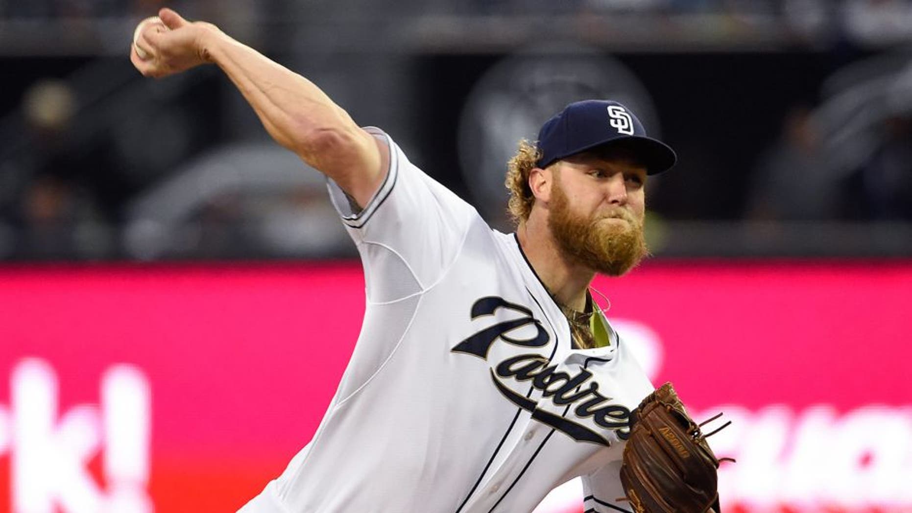 SAN DIEGO, CA - APRIL 13: Andrew Cashner #34 of the San Diego Padres pitches during the first inning of a baseball game against the Arizona Diamondbacks at Petco Park April 13, 2015 in San Diego, California. (Photo by Denis Poroy/Getty Images)
