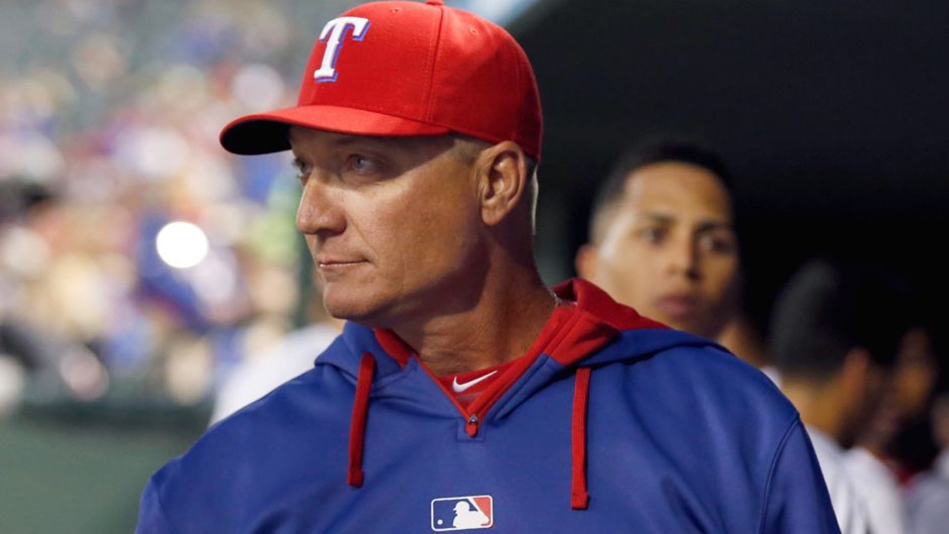 Apr 13, 2015; Arlington, TX, USA; Texas Rangers manager Jeff Banister in the dugout during the game against the Los Angeles Angels at Globe Life Park in Arlington. Mandatory Credit: Matthew Emmons-USA TODAY Sports