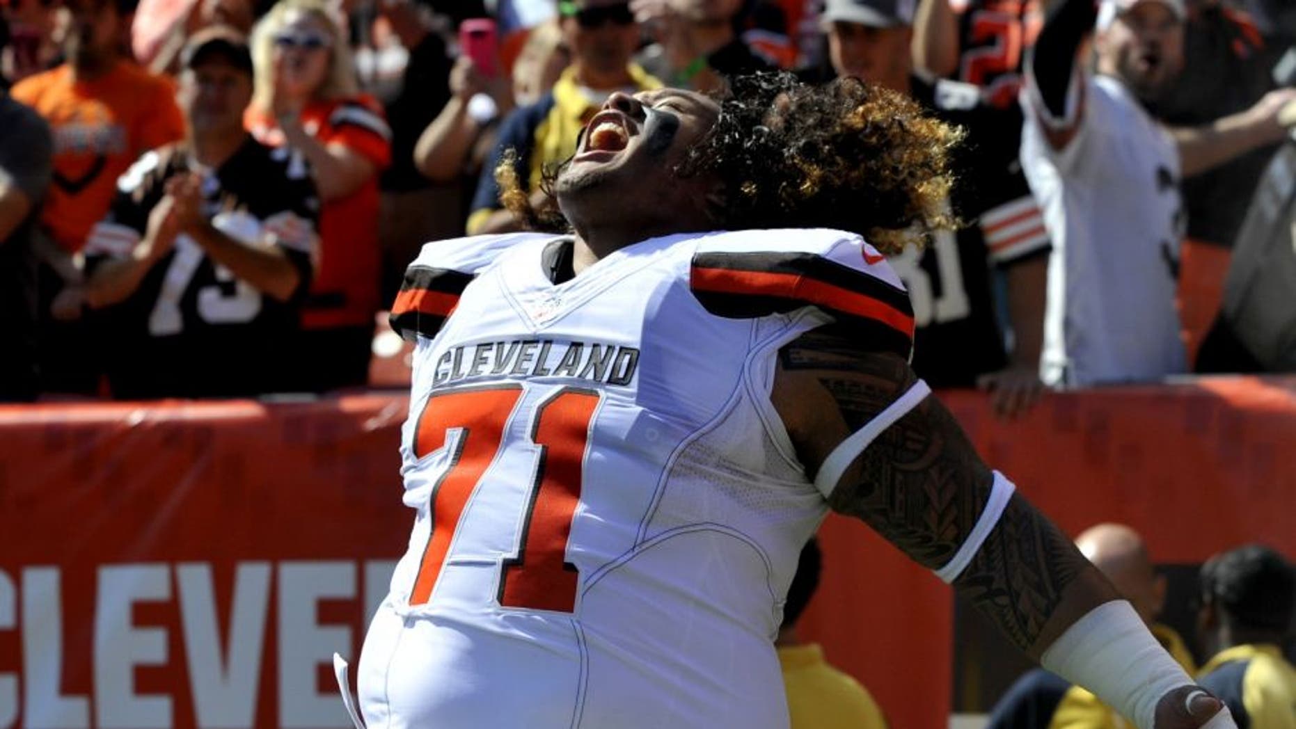 CLEVELAND, OH - SEPTEMBER 20, 2015: Defensive tackle Danny Shelton #71 of the Cleveland Browns screams as he is introduced to the crowd prior to a game against the Tennessee Titans on September 20, 2015 at FirstEnergy Stadium in Cleveland, Ohio. Cleveland won 28-14. (Photo by Nick Cammett/Diamond Images/Getty Images) *** Local Caption *** Danny Shelton