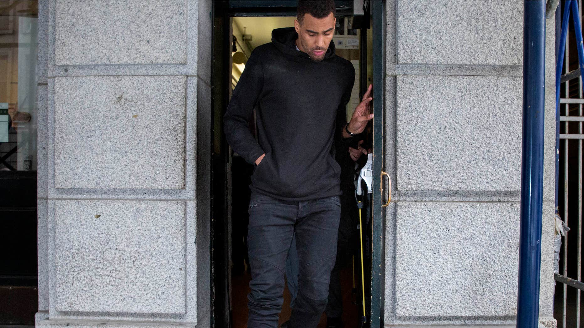 April 8, 2015: Atlanta Hawks NBA basketball player Thabo Sefolosha leaves a courthouse in New York.