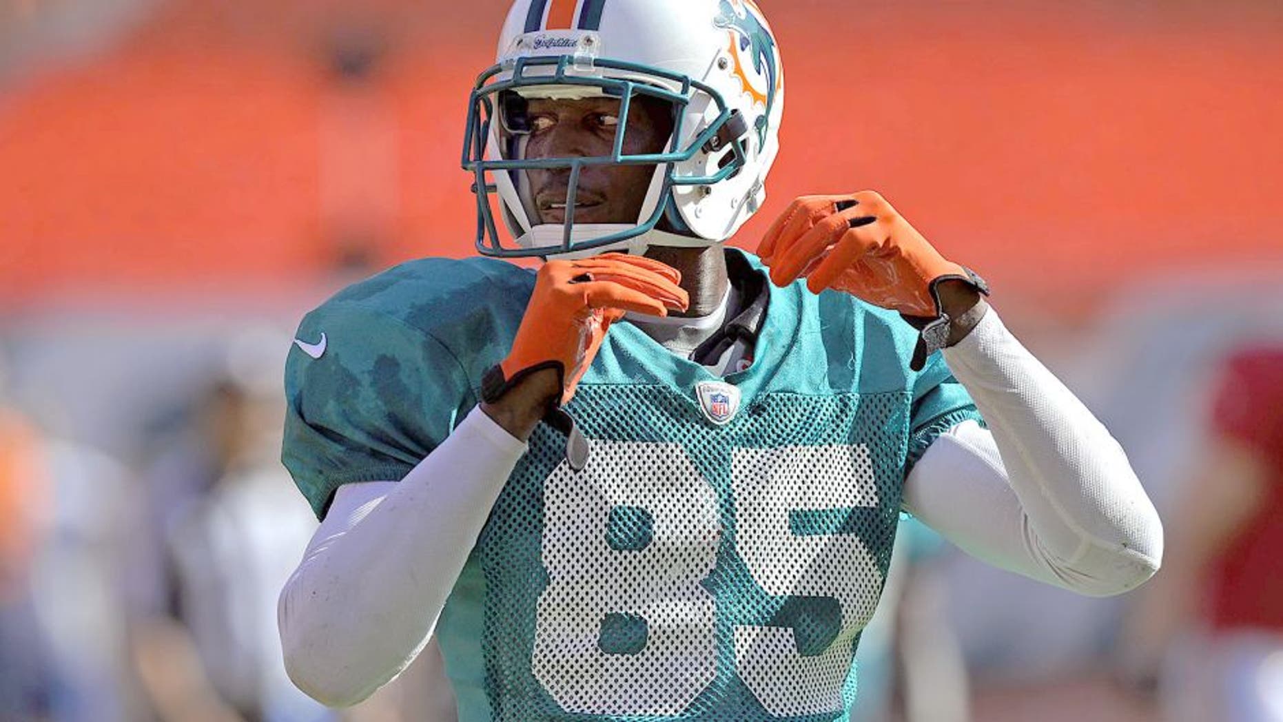 Aug. 4, 2012; Miami, FL, USA; Miami Dolphins wide receiver Chad Johnson (85) during a scrimmage at Sun Life Stadium. Mandatory Credit: Steve Mitchell-USA TODAY Sports