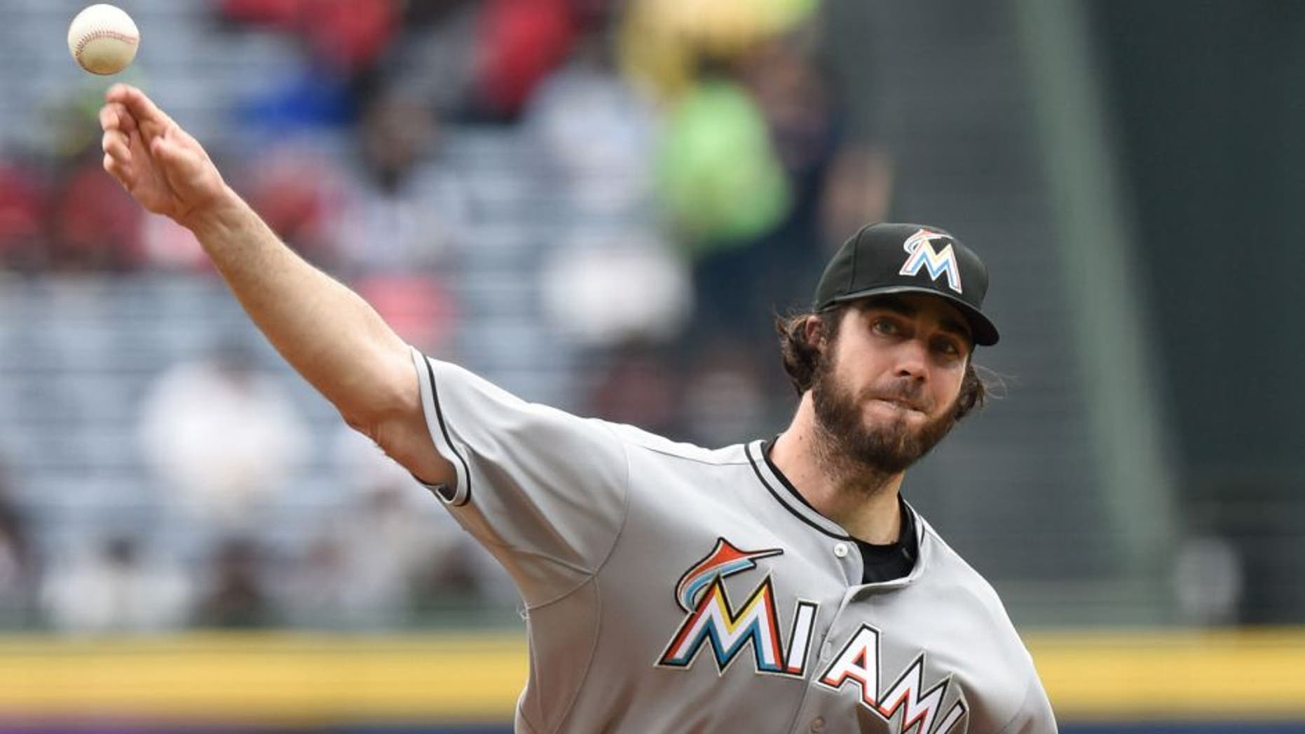 Apr 15, 2015; Atlanta, GA, USA; Miami Marlins starting pitcher Dan Haren pitches against the Atlanta Braves during the first inning at Turner Field. Mandatory Credit: Dale Zanine-USA TODAY Sports