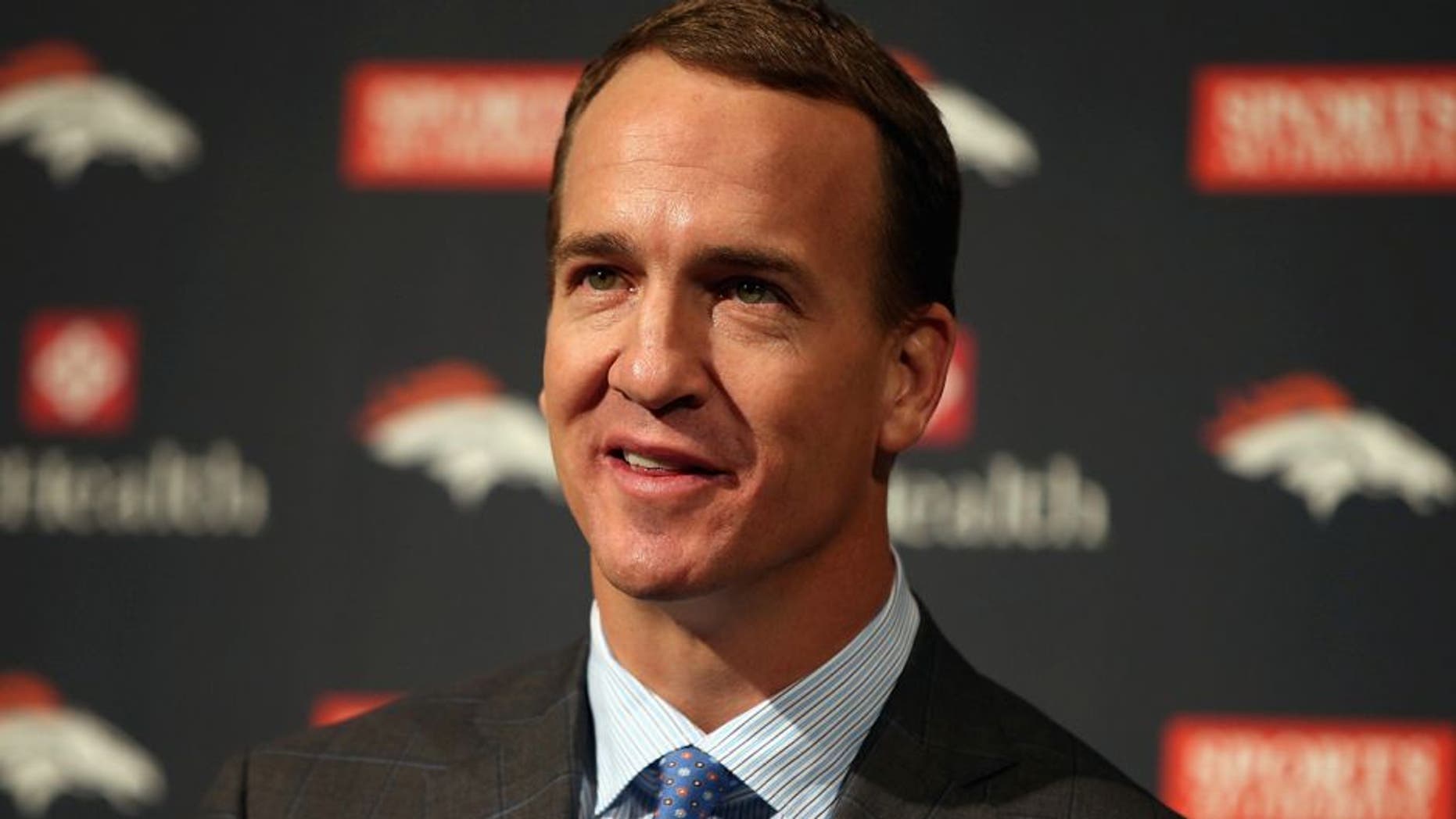 ENGLEWOOD, CO - MARCH 07: Quarterback Peyton Manning addresses the media as he announces his retirement from the NFL at the UCHealth Training Center on March 7, 2016 in Englewood, Colorado. Manning, who played for both the Indianapolis Colts and Denver Broncos in a career which spanned 18 years, is the NFL's all-time leader in passing touchdowns (539), passing yards (71,940) and tied for regular season QB wins (186). Manning played his final game last month as the winning quarterback in Super Bowl 50 in which the Broncos defeated the Carolina Panthers, earning Manning his second Super Bowl title. (Photo by Doug Pensinger/Getty Images)