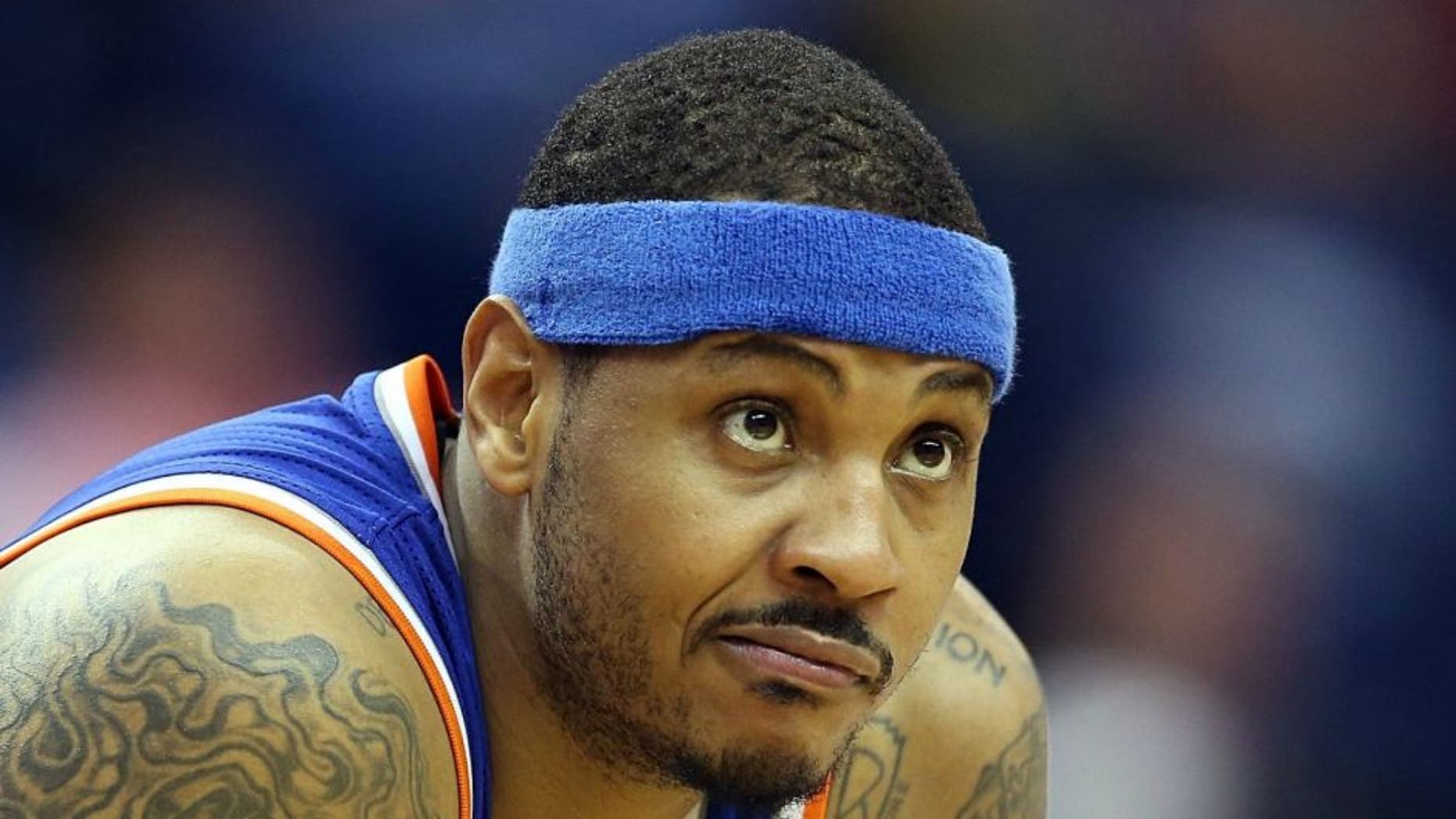 >during the second half at the Smoothie King Center on March 28, 2016 in New Orleans, Louisiana. NOTE TO USER: User expressly acknowledges and agrees that, by downloading and or using this photograph, User is consenting to the terms and conditions of the Getty Images License Agreement.,NEW ORLEANS, LA - MARCH 28: Carmelo Anthony #7 of the New York Knicks stands on the court during the second half against the New Orleans Pelicans at the Smoothie King Center on March 28, 2016 in New Orleans, Louisiana. NOTE TO USER: User expressly acknowledges and agrees that, by downloading and or using this photograph, User is consenting to the terms and conditions of the Getty Images License Agreement. (Photo by Sean Gardner/Getty Images)