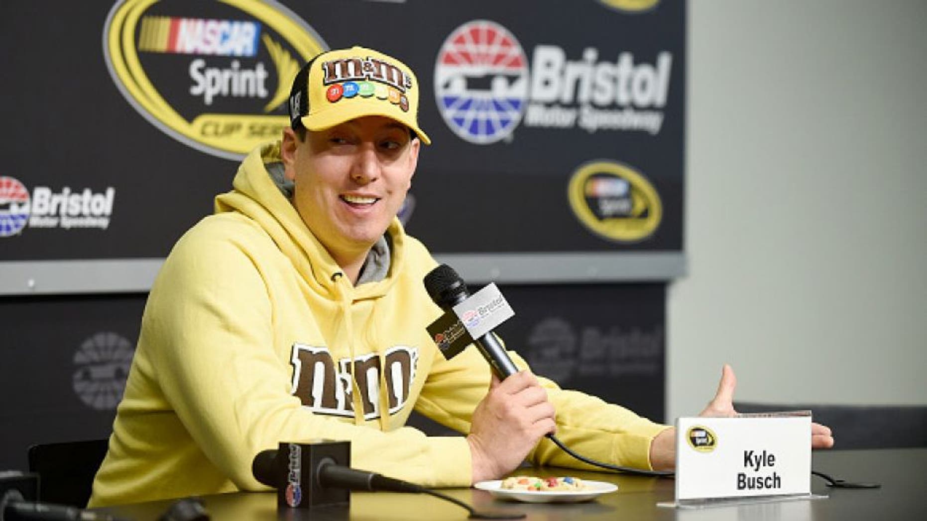 BRISTOL, TN - APRIL 15: Kyle Busch, driver of the #18 M&M's Toyota, speaks to the media during a press conference prior to practice for the NASCAR Sprint Cup Series Food City 500 at Bristol Motor Speedway on April 14, 2016 in Bristol, Tennessee. (Photo by Rainier Ehrhardt/NASCAR via Getty Images)