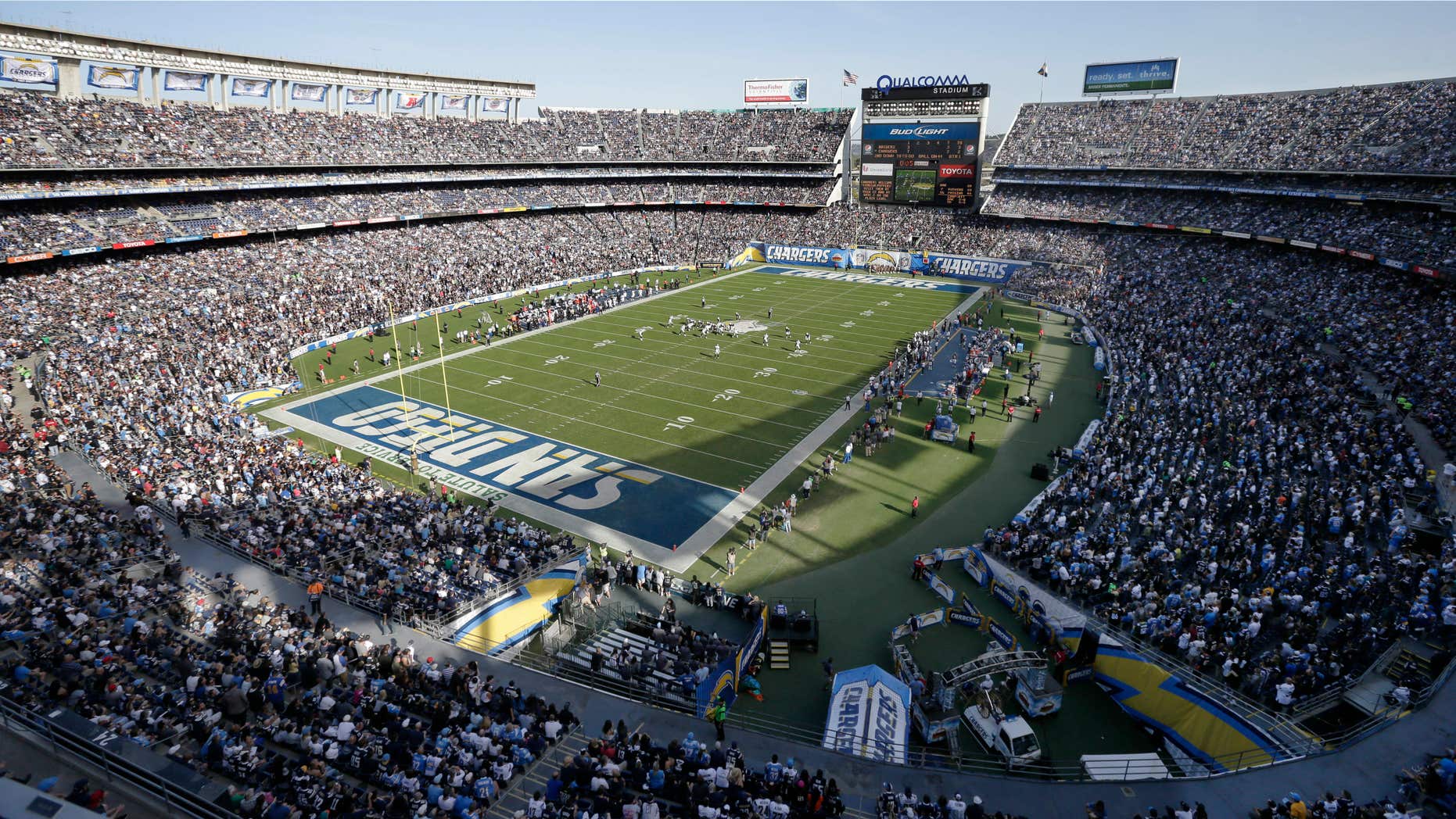 Nov. 16, 2014: This is a file photo showing a general view of the San Diego Chargers playing against the Oakland Raiders during the first half of an NFL football game at Qualcomm Stadium in San Diego.