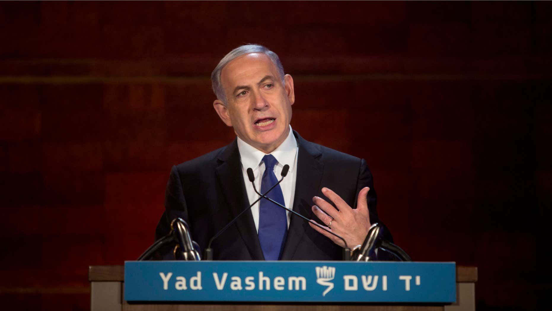 April 15, 2015: Israeli Prime Minister Benjamin Netanyahu speaks at the opening ceremony of the Holocaust Remembrance Day at the Yad Vashem Holocaust Memorial in Jerusalem.
