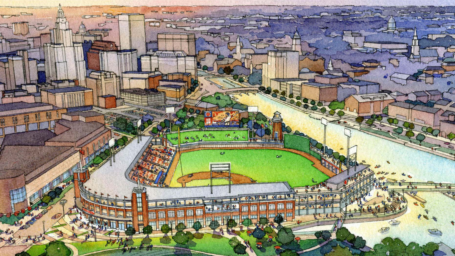 April 15, 2015: This architectural rendering released by the Pawtucket Red Sox shows the team's proposed new multi-use ballpark on former highway land now owned by the state and Brown University in Providence, R.I.