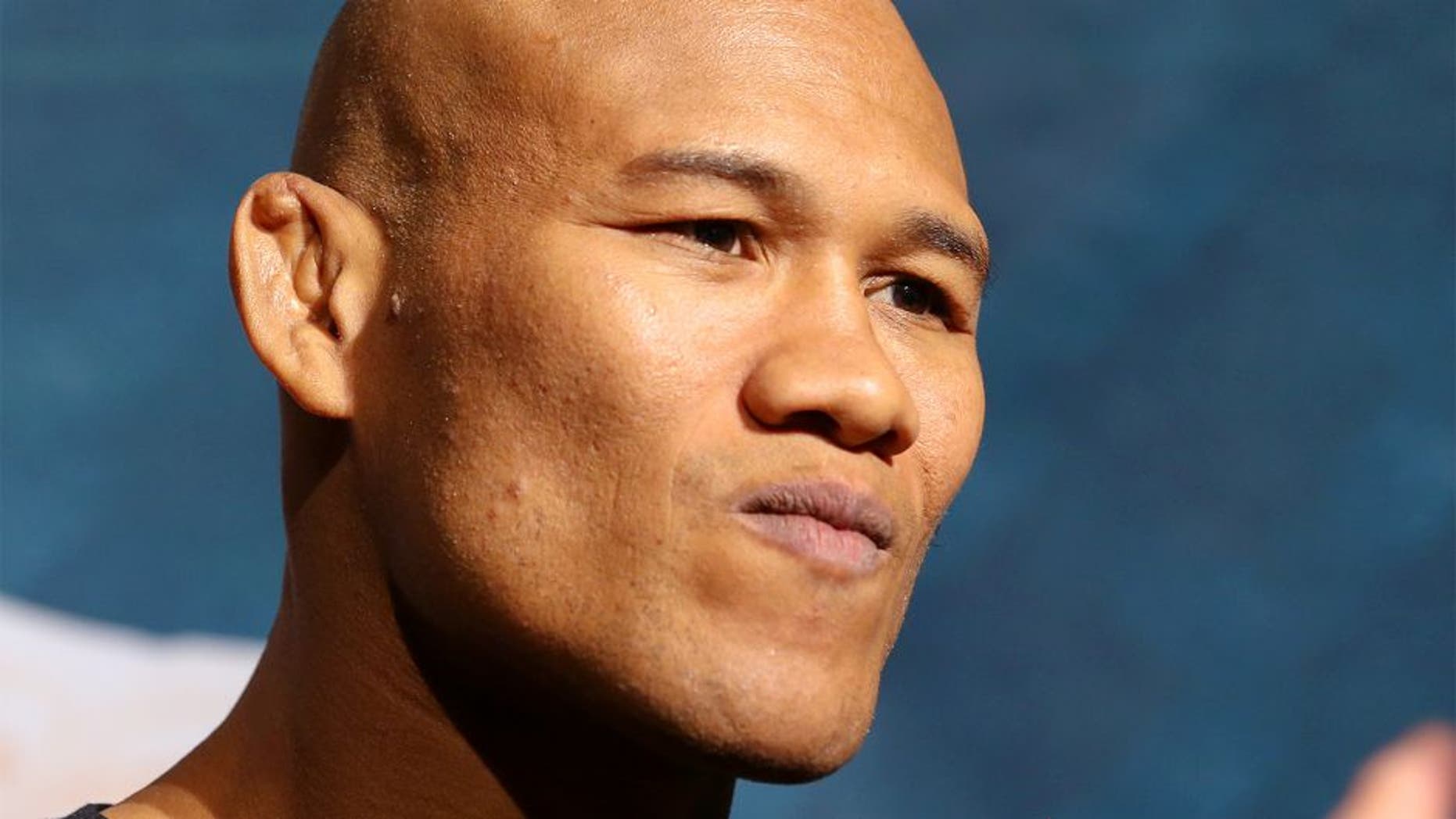 NEW YORK, NY - APRIL 16: Jacare Souza speaks to media and fans during the Ultimate Media Day at the Best Buy Theater on April 16, 2015 in New York, New York. (Photo by Ed Mulholland/Zuffa LLC/Zuffa LLC via Getty Images)