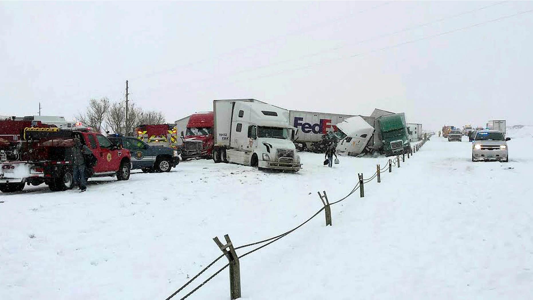 April 16, 2015: Photo released by the Wyoming Highway Patrol shows a vehicle pileup west of Cheyenne, Wyo.