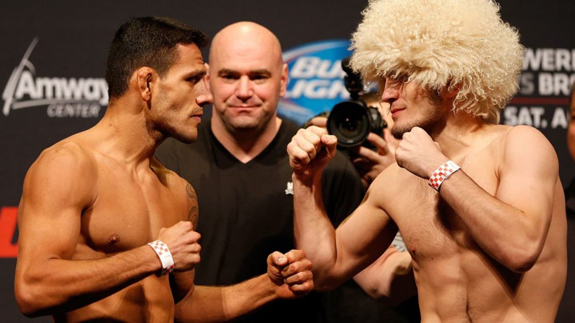 ORLANDO, FL - APRIL 18: (L-R) Opponents Rafael dos Anjos and Khabib Nurmagomedov face off during the FOX UFC Saturday weigh-in at the Amway Center on April 18, 2014 in Orlando, Florida. (Photo by Josh Hedges/Zuffa LLC/Zuffa LLC via Getty Images)