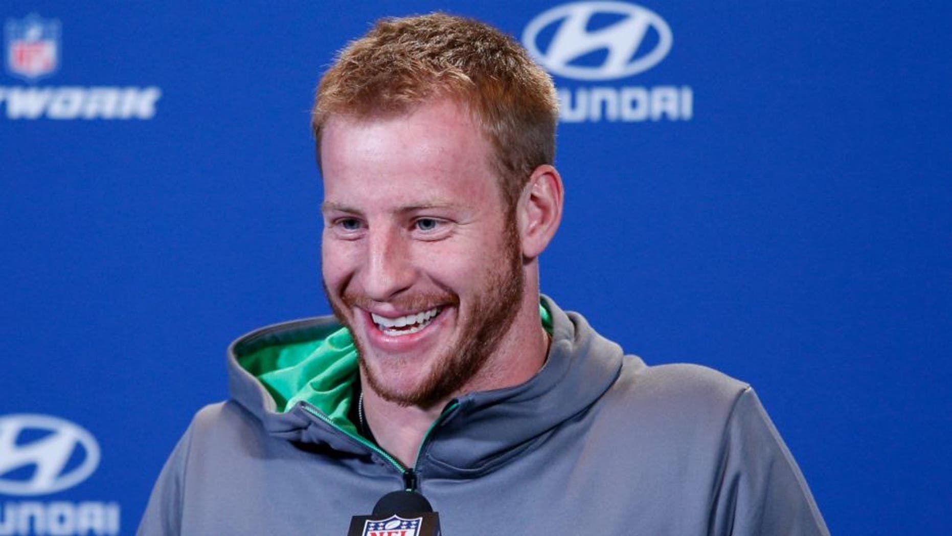 INDIANAPOLIS, IN - FEBRUARY 25: Quarterback Carson Wentz #17 of North Dakota State speaks to the media during the 2016 NFL Scouting Combine at Lucas Oil Stadium on February 25, 2016 in Indianapolis, Indiana. (Photo by Joe Robbins/Getty Images)