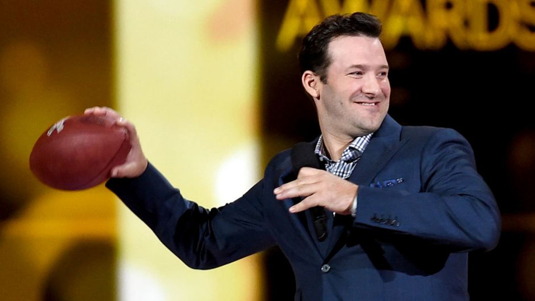 ARLINGTON, TX - APRIL 19: Professional football player Tony Romo speaks onstage during the 50th Academy Of Country Music Awards at AT&T Stadium on April 19, 2015 in Arlington, Texas. (Photo by Ethan Miller/Getty Images for dcp)