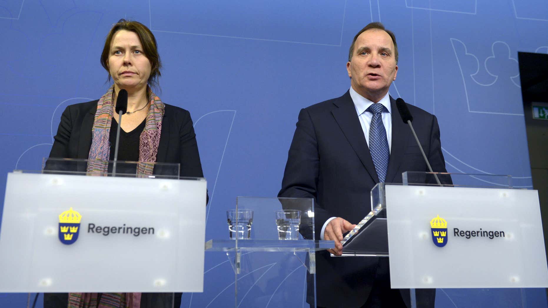 Nov. 24, 2015: Sweden Prime Minister Stefan Lofven (R) and Deputy Prime Minister Asa Romson (L) present stricter rules for refugees seeking asylum in Sweden, during a news conference at the government headquarters in Stockholm.