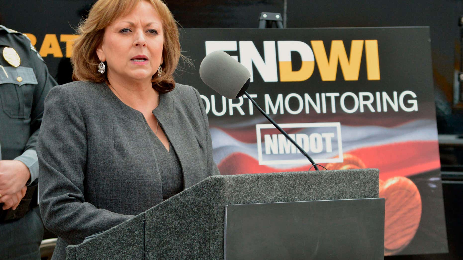 April 19, 2016: New Mexico Gov. Susana Martinez talks on a new program that will send monitors to courtrooms to watch how judges rule on cases involving suspects with multiple drunken driving convictions, during a news conference in Albuquerque, N.M.