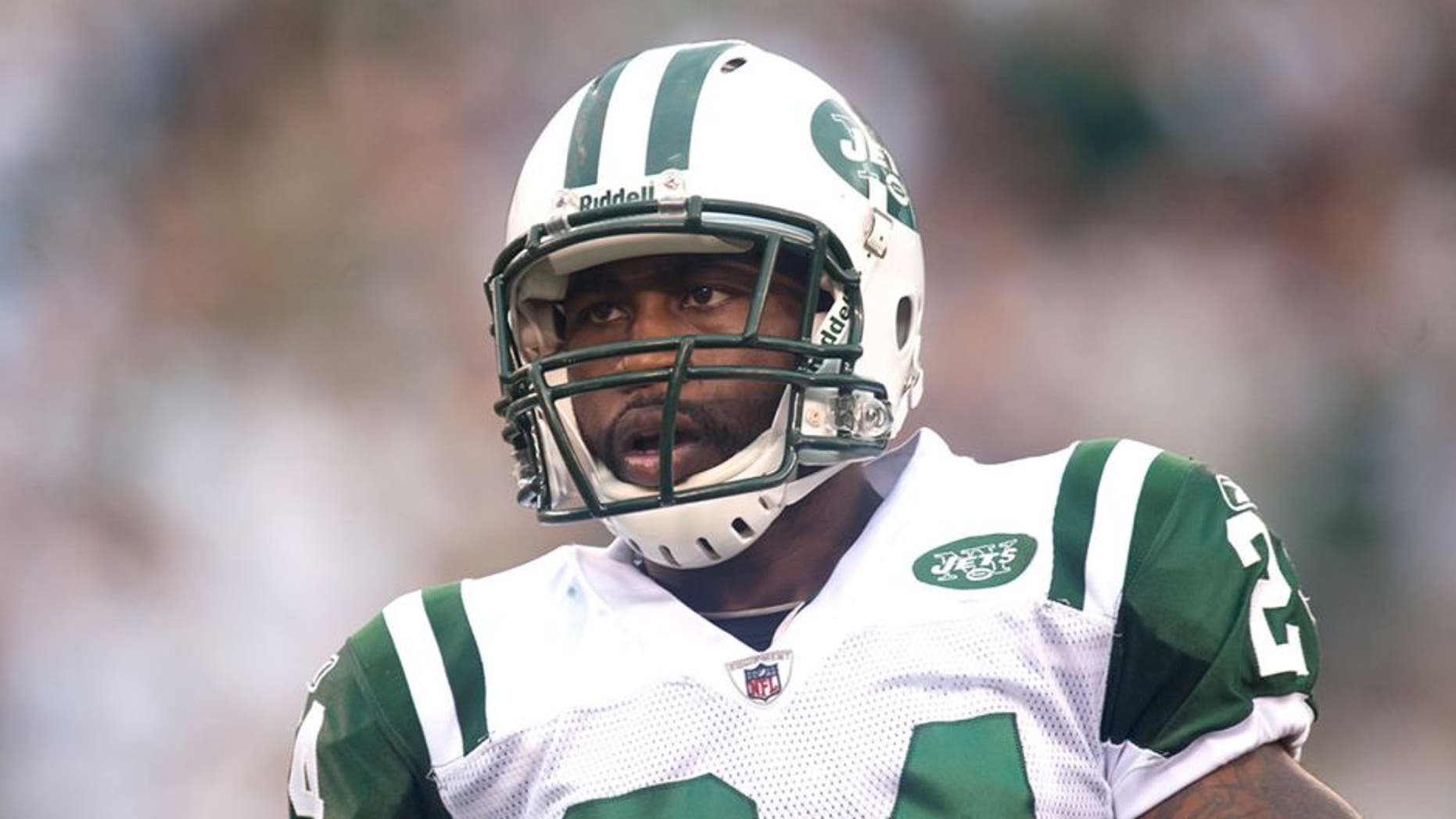 EAST RUTHERFORD, NJ - SEPTEMBER 19: Darrelle Revis #24 of the New York Jets looks on against the New England Patriots during the game on September 19, 2010 at the New Meadowlands Stadium in East Rutherford, New Jersey.The Jets won 28-14. (Photo By Rob Tringali/SportsChrome/Getty Images) *** Local Caption *** Darrelle Revis