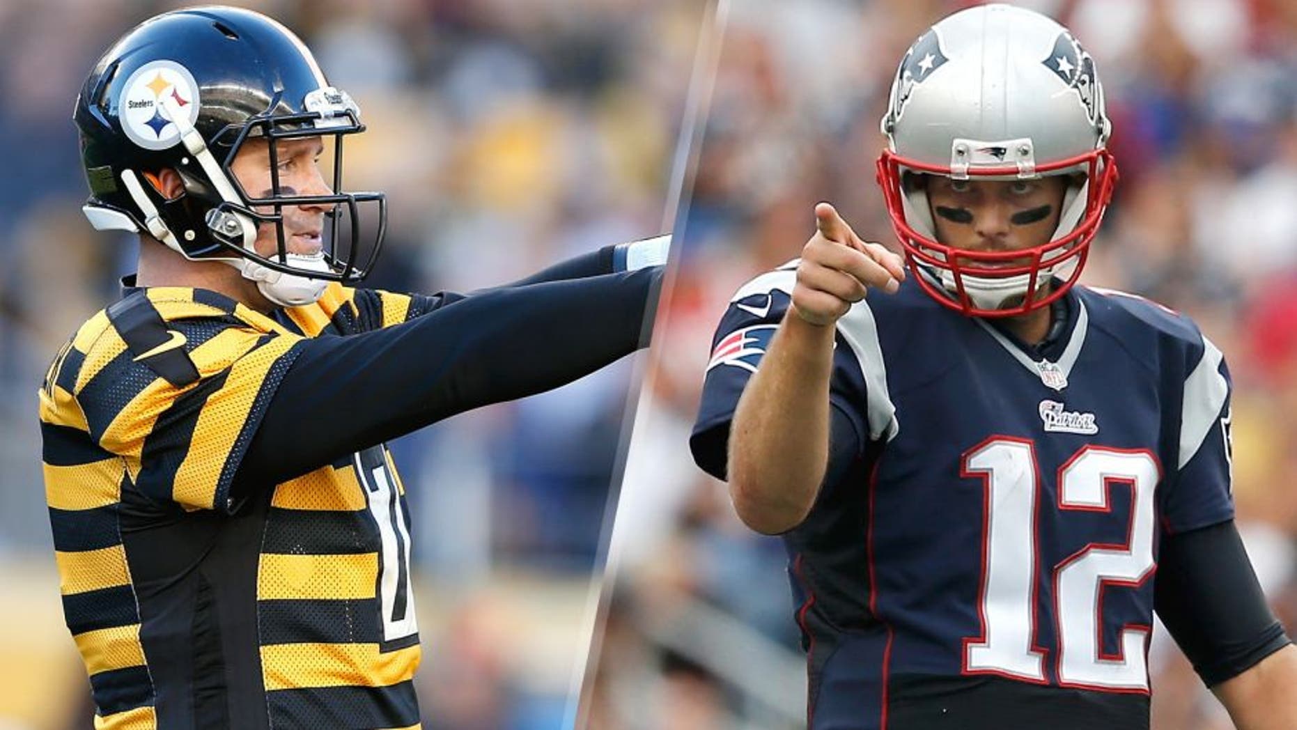 PITTSBURGH, PA - OCTOBER 26: Ben Roethlisberger #7 of the Pittsburgh Steelers signals during the first quarter against the Indianapolis Colts at Heinz Field on October 26, 2014 in Pittsburgh, Pennsylvania. (Photo by Joe Robbins/Getty Images) FOXBORO, MA - SEPTEMBER 21: Tom Brady #12 of the New England Patriots gestures during the third quarter against the Oakland Raiders at Gillette Stadium on September 21, 2014 in Foxboro, Massachusetts. (Photo by Jim Rogash/Getty Images)
