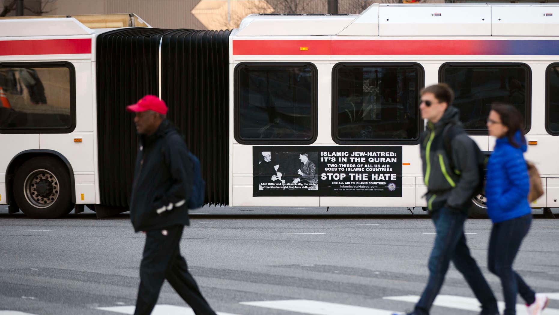 April 1, 2015: An ad from the pro-Israel American Freedom Defense Initiative is seen on an articulated Southeastern Pennsylvania Transportation Authority (SEPTA) bus featuring a 1941 photograph of Hitler and supporter Hajj Amin al-Husseini, a Palestinian Arab nationalist.