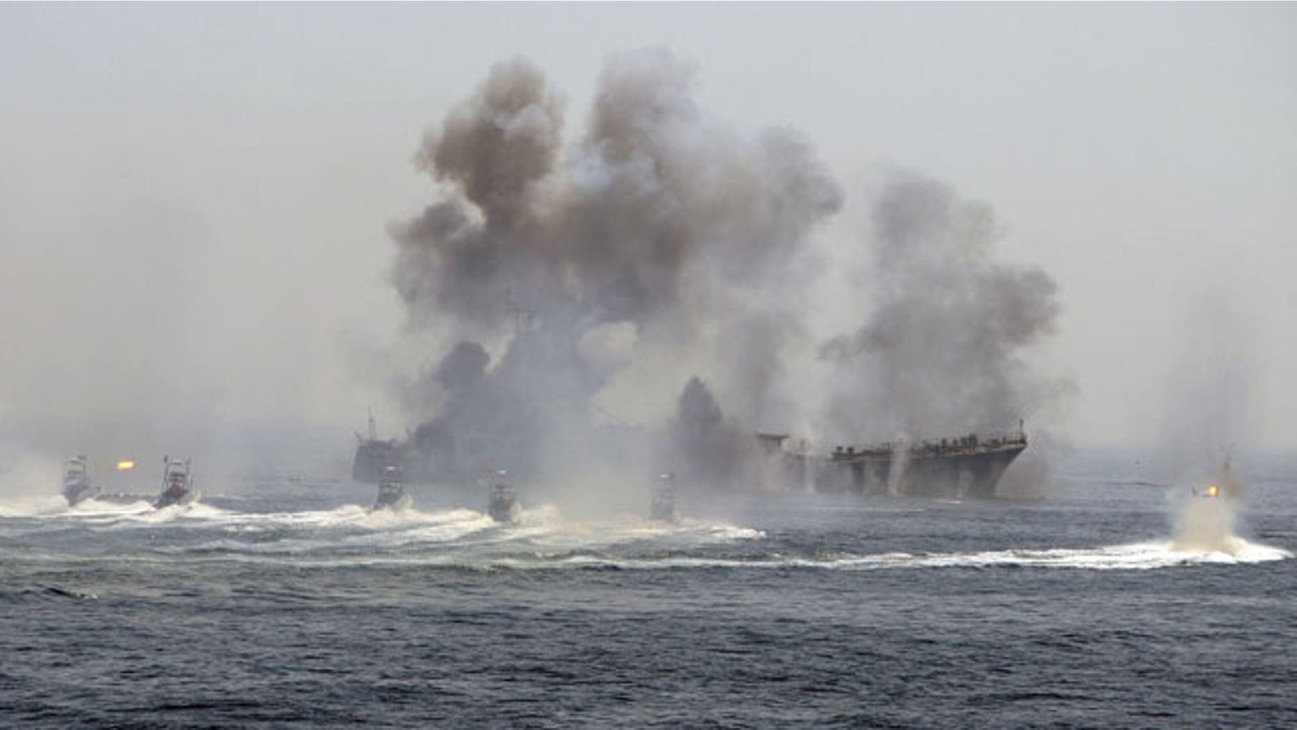 Revolutionary Guard's war game in the Persian Gulf, Iran, Thursday, April 22, 2010. Iran's elite Revolutionary Guard started large-scale war games in the Persian Gulf and the strategic Strait of Hormuz, state television reported. Iran has been holding military maneuvers in the gulf and the Strait of Hormuz annually since 2006 to show off its military capabilities.