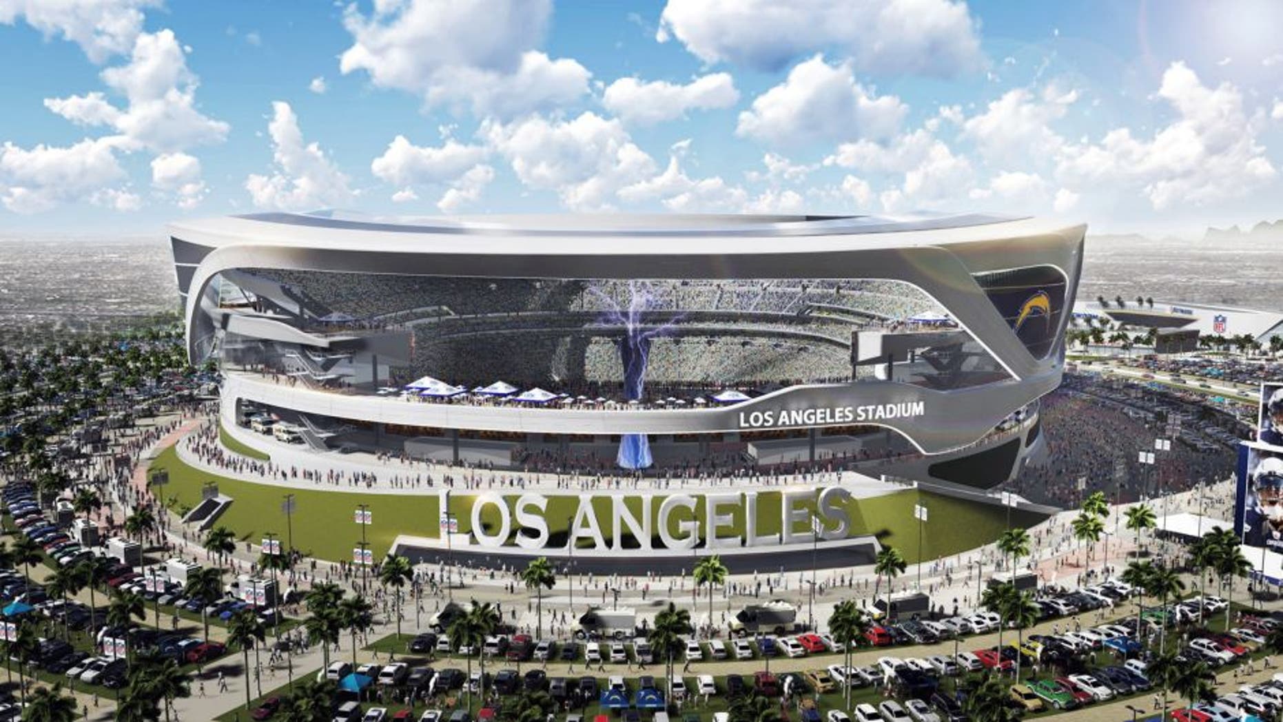 This artist's rendering provided by Carson2gether shows the exterior of a newly revised plan for a proposed stadium that would house both the Chargers and the Raiders NFL football teams, here in Chargers' home game configuration, in Carson, Calif. New designs for the proposed NFL stadium in the Los Angeles area include simulated lightning bolts for the San Diego Chargers and an eternal flame honoring late Oakland Raiders owner Al Davis. The thoroughly revamped stadium renderings for the $1.7 billion joint stadium planned by the two teams were released on Thursday, April 23, 2015. (Manica Architecture/Carson2gether via AP)