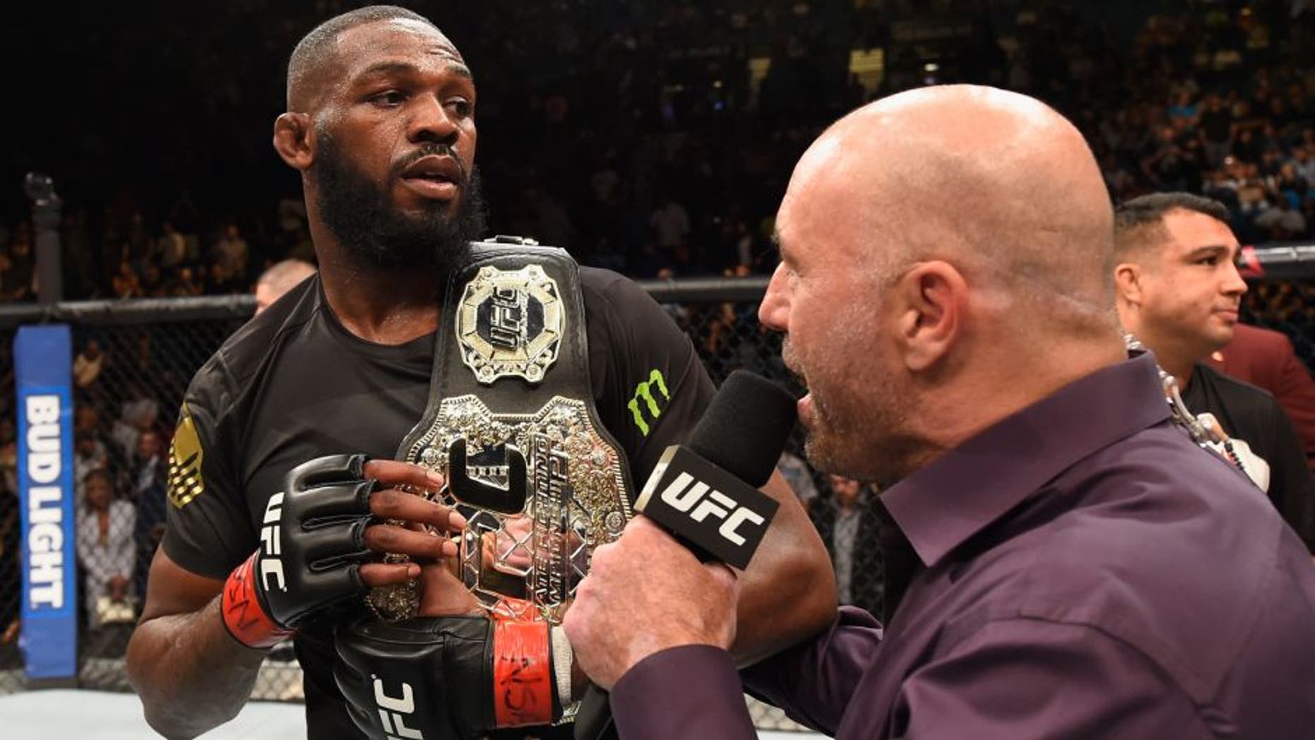 LAS VEGAS, NV - APRIL 23: Joe Rogan interviews Jon Jones after his victory over Ovince Saint Pruex in their interim UFC light heavyweight championship bout during the UFC 197 event inside MGM Grand Garden Arena on April 23, 2016 in Las Vegas, Nevada. (Photo by Josh Hedges/Zuffa LLC/Zuffa LLC via Getty Images)