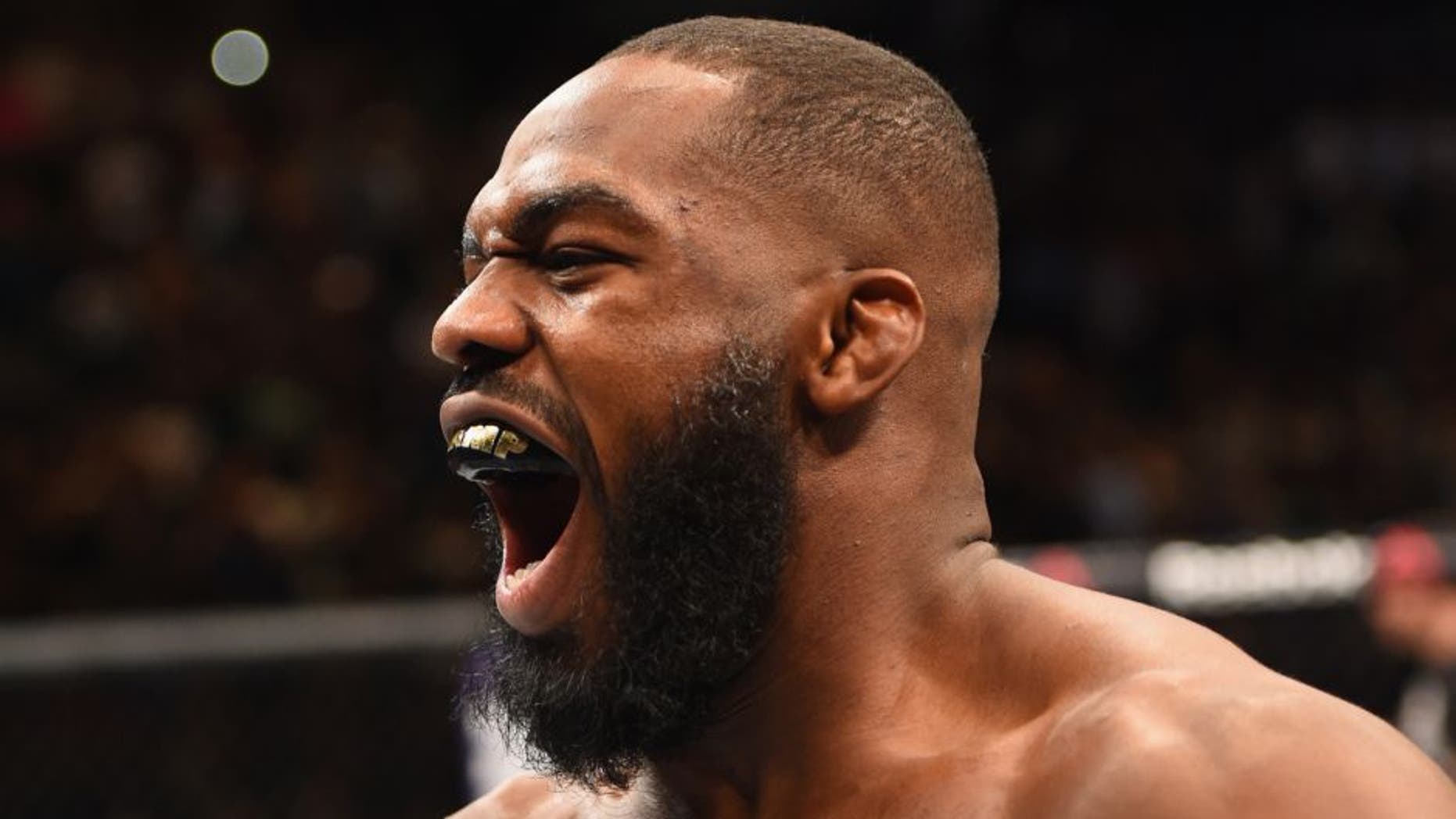 LAS VEGAS, NV - APRIL 23: Jon Jones enters the Octagon before facing Ovince Saint Preux in their interim UFC light heavyweight championship bout during the UFC 197 event inside MGM Grand Garden Arena on April 23, 2016 in Las Vegas, Nevada. (Photo by Josh Hedges/Zuffa LLC/Zuffa LLC via Getty Images)