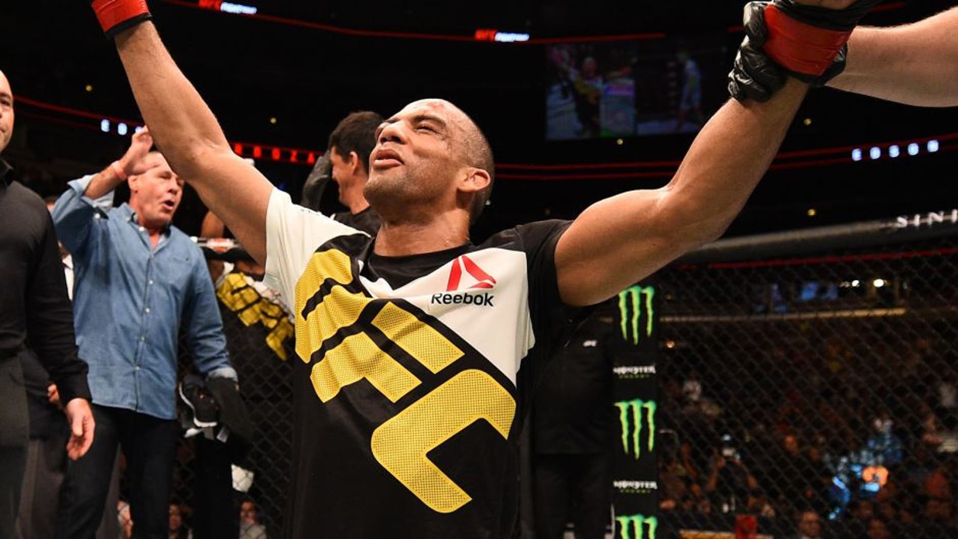 CHICAGO, IL - JULY 25: Edson Barboza of Brazil reacts after his unanimous-decision victory over Paul Felder in their lightweight bout during the UFC event at the United Center on July 25, 2015 in Chicago, Illinois. (Photo by Jeff Bottari/Zuffa LLC/Zuffa LLC via Getty Images)
