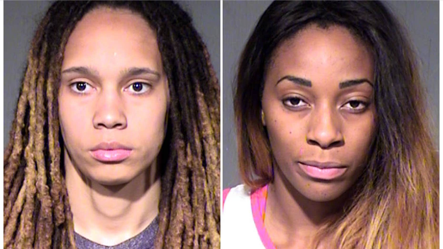 This combo of booking photos released by the Maricopa County Sheriff's Office, show WNBA players Brittney Griner, left, and her fiancee Glory Johnson.