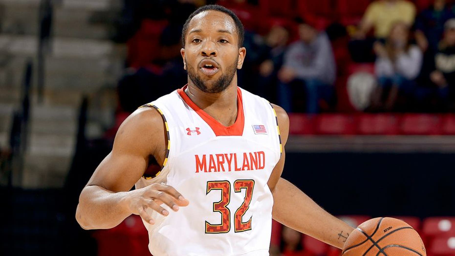 COLLEGE PARK, MD - FEBRUARY 18: Dez Wells #32 of the Maryland Terrapins handles the ball against the Wake Forest Demon Deacons at the Comcast Center on February 18, 2014 in College Park, Maryland. (Photo by G Fiume/Maryland Terrapins/Getty Images) *** Local Caption *** Dez Wells