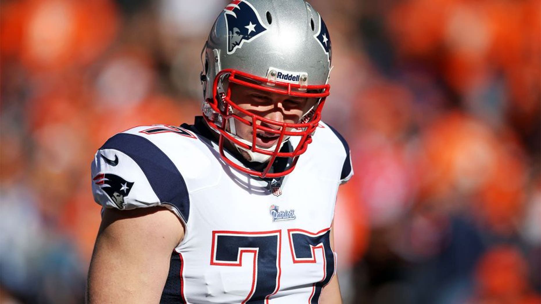 January 19, 2014; Denver, CO, USA; New England Patriots offensive tackle Nate Solder (77) against the Denver Broncos in the 2013 AFC Championship football game at Sports Authority Field at Mile High. Mandatory Credit: Mark J. Rebilas-USA TODAY Sports