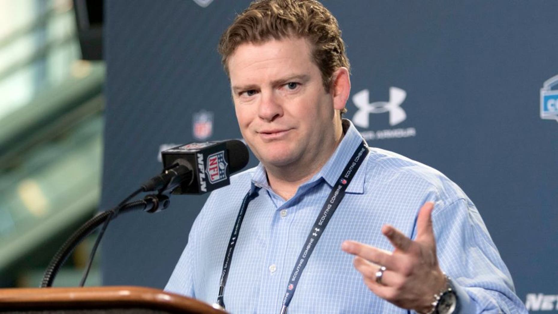 Feb 19, 2015; Indianapolis, IN, USA; Seattle Seahawks general manager John Schneider speaks to the media at the 2015 NFL Combine at Lucas Oil Stadium. Mandatory Credit: Trevor Ruszkowski-USA TODAY Sports