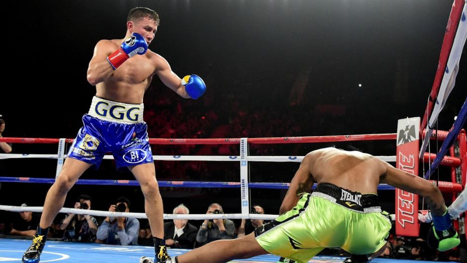 Gennady Golovkin Dominic Wade during a middleweight title fight at The Forum on April 23, 2016 in Inglewood, California.