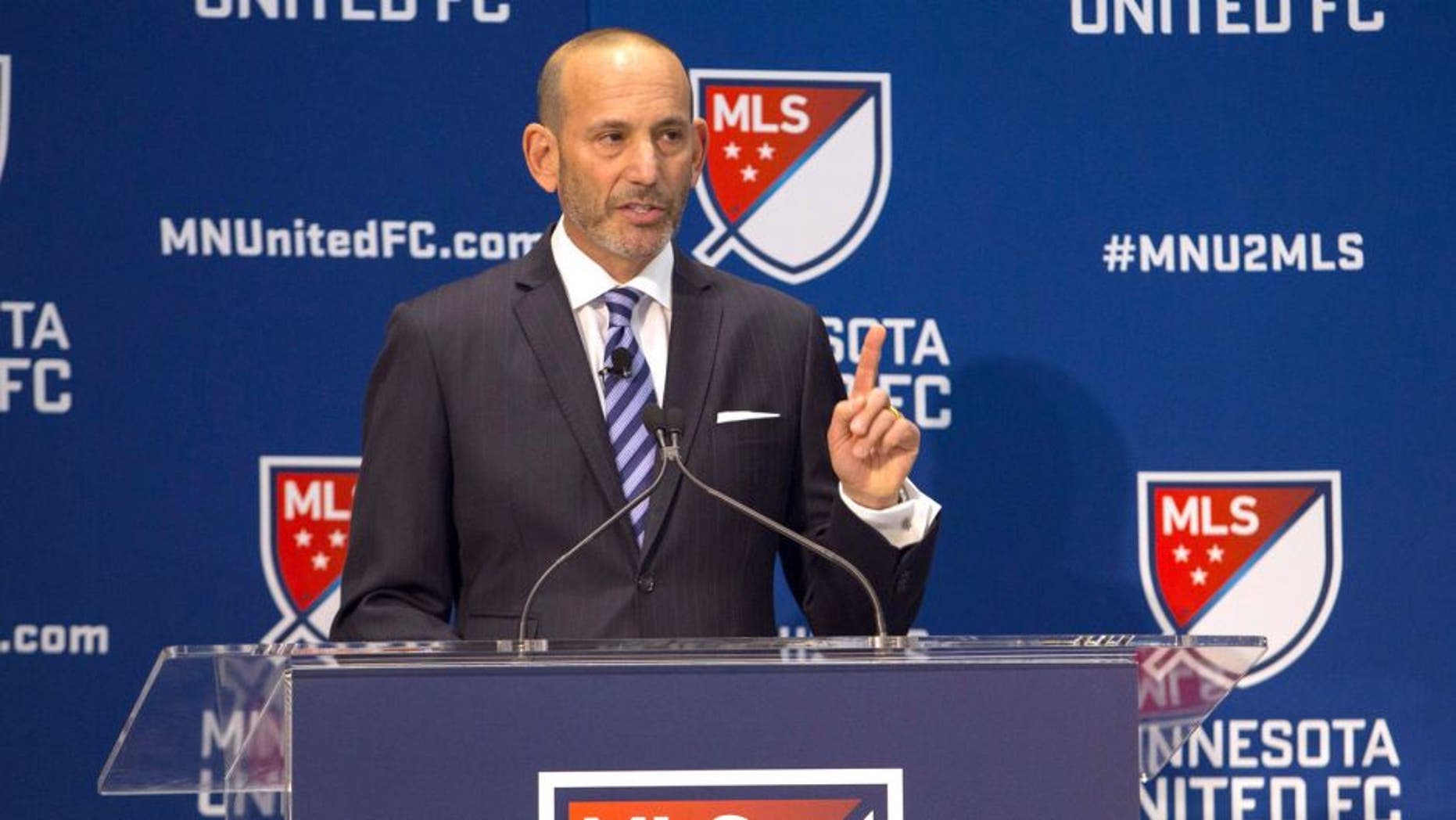Mar 25, 2015; Minneapolis, MN, USA; MLS commissioner Don Garber announces that the Minnesota United FC soccer team will join the MLS at Target Field-Carew Atrium. Mandatory Credit: Brad Rempel-USA TODAY Sports