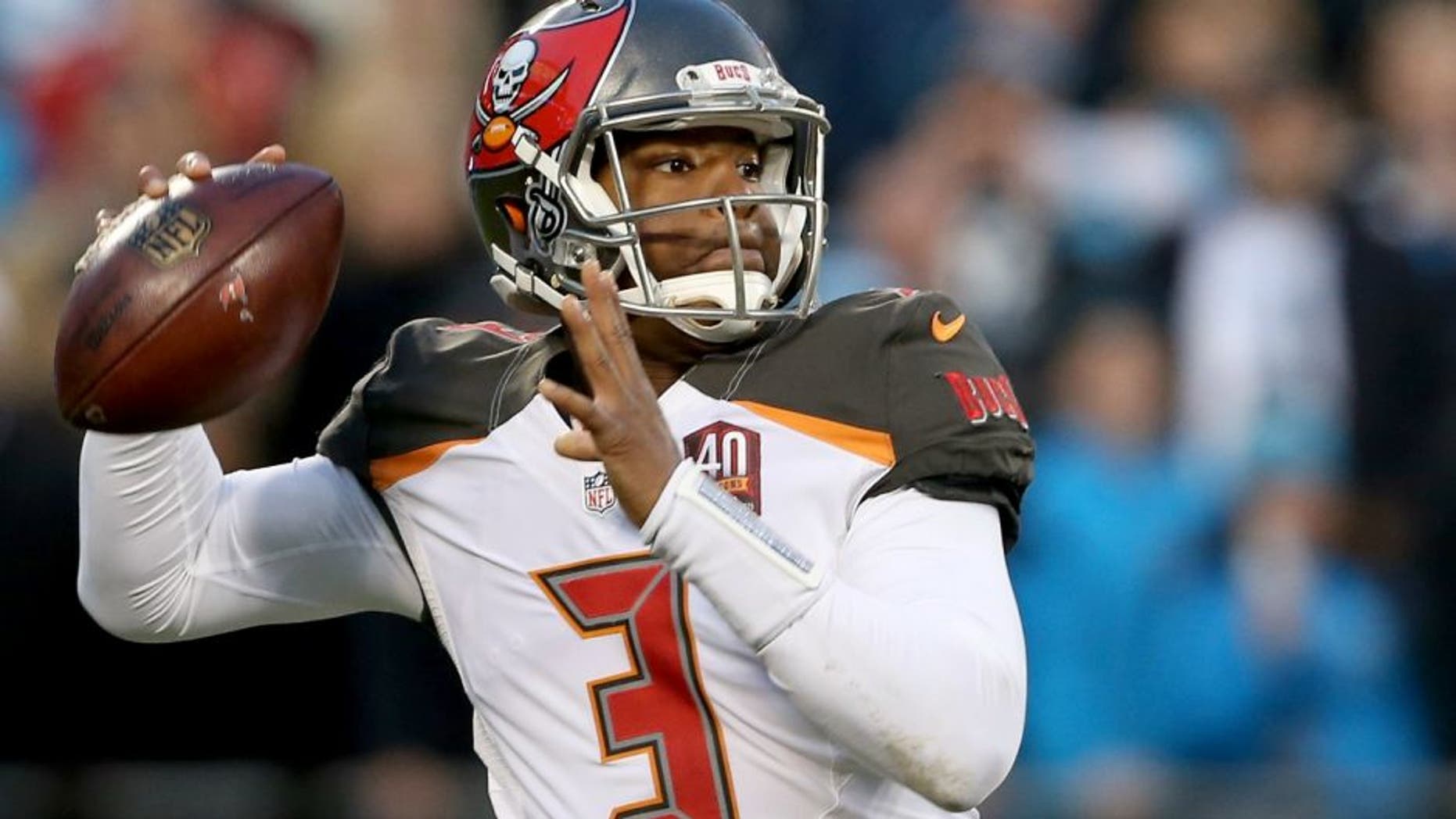 during their game at Bank of America Stadium on January 3, 2016 in Charlotte, North Carolina.,CHARLOTTE, NC - JANUARY 03: Jameis Winston #3 of the Tampa Bay Buccaneers during their game at Bank of America Stadium on January 3, 2016 in Charlotte, North Carolina. (Photo by Streeter Lecka/Getty Images)