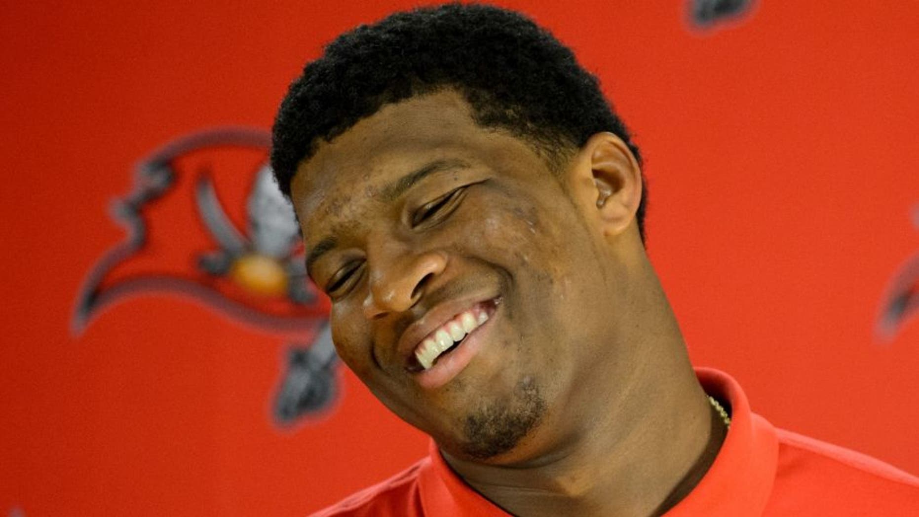 MINNEAPOLIS, MN - AUGUST 15: Quarterback Jameis Winston #3 of the Tampa Bay Buccaneers speaks to the media after the preseason game on August 15, 2015 at TCF Bank Stadium in Minneapolis, Minnesota. The Vikings defeated the Buccaneers 26-16. (Photo by Hannah Foslien/Getty Images)