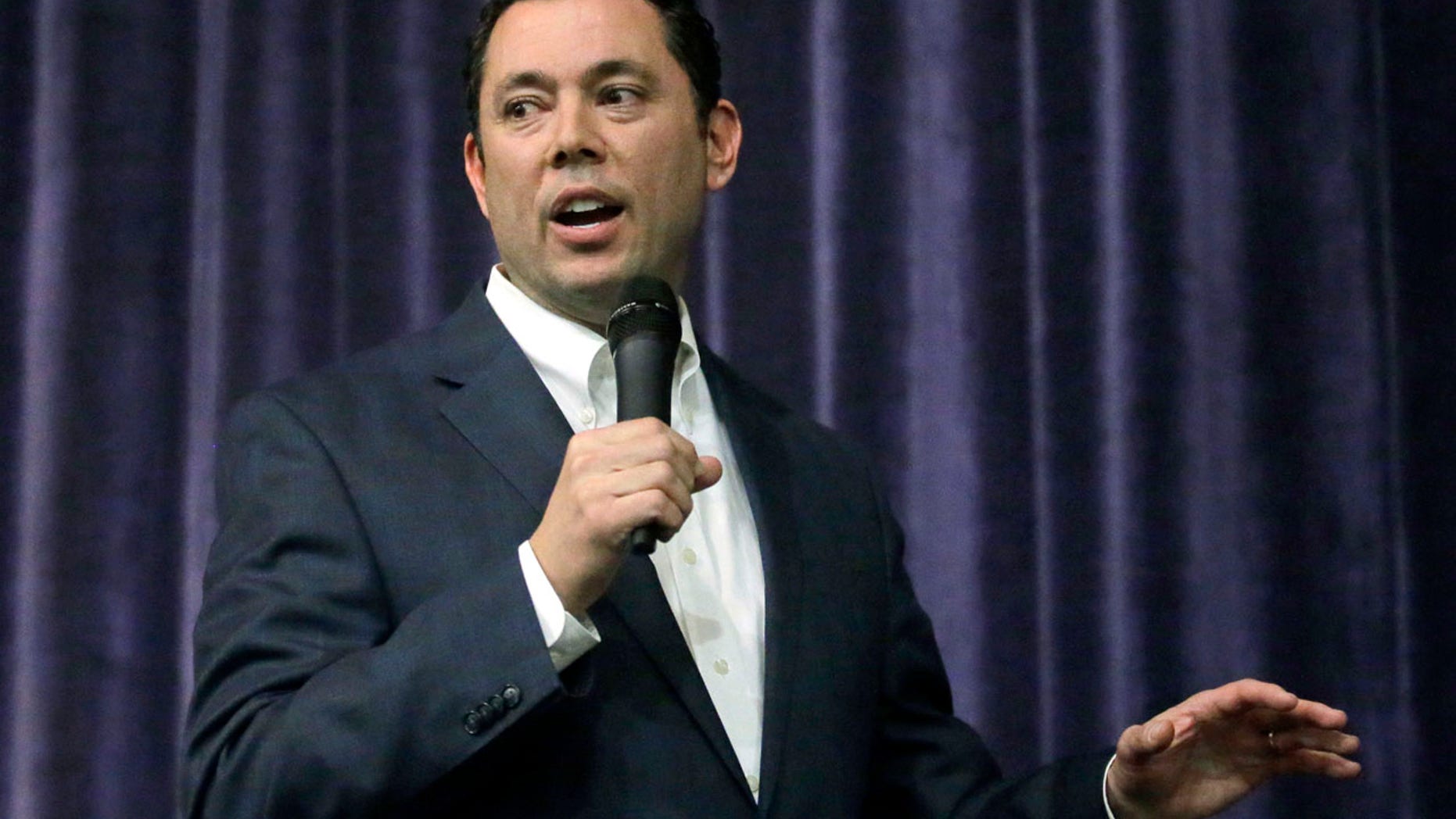 FILE - In this Feb. 9, 2017, file photo, Rep. Jason Chaffetz, R-Utah speaks during a town hall meeting at Brighton High School in Cottonwood Heights, Utah.