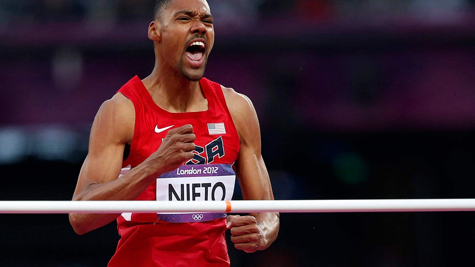 Aug. 7, 2012: Jamie Nieto of the U.S. reacts during the men's high jump final during the London 2012 Olympic Games at the Olympic Stadium.